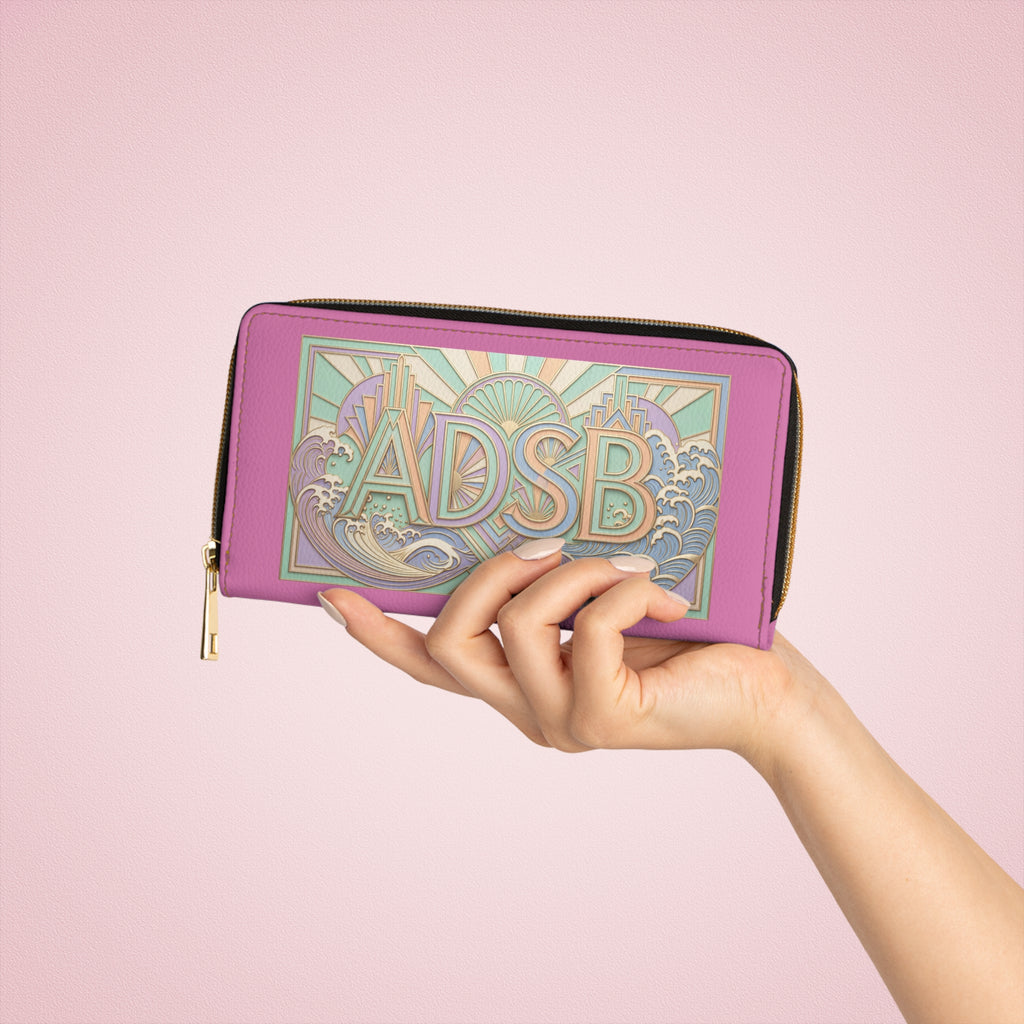Art Deco Monogram Zipper Wallet – Custom "ADSB" Pink Leather Travel Clutch