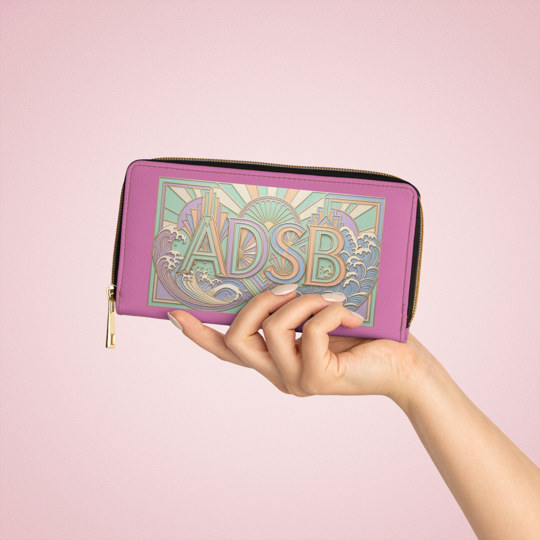 Art Deco Monogram Zipper Wallet – Custom "ADSB" Pink Leather Travel Clutch