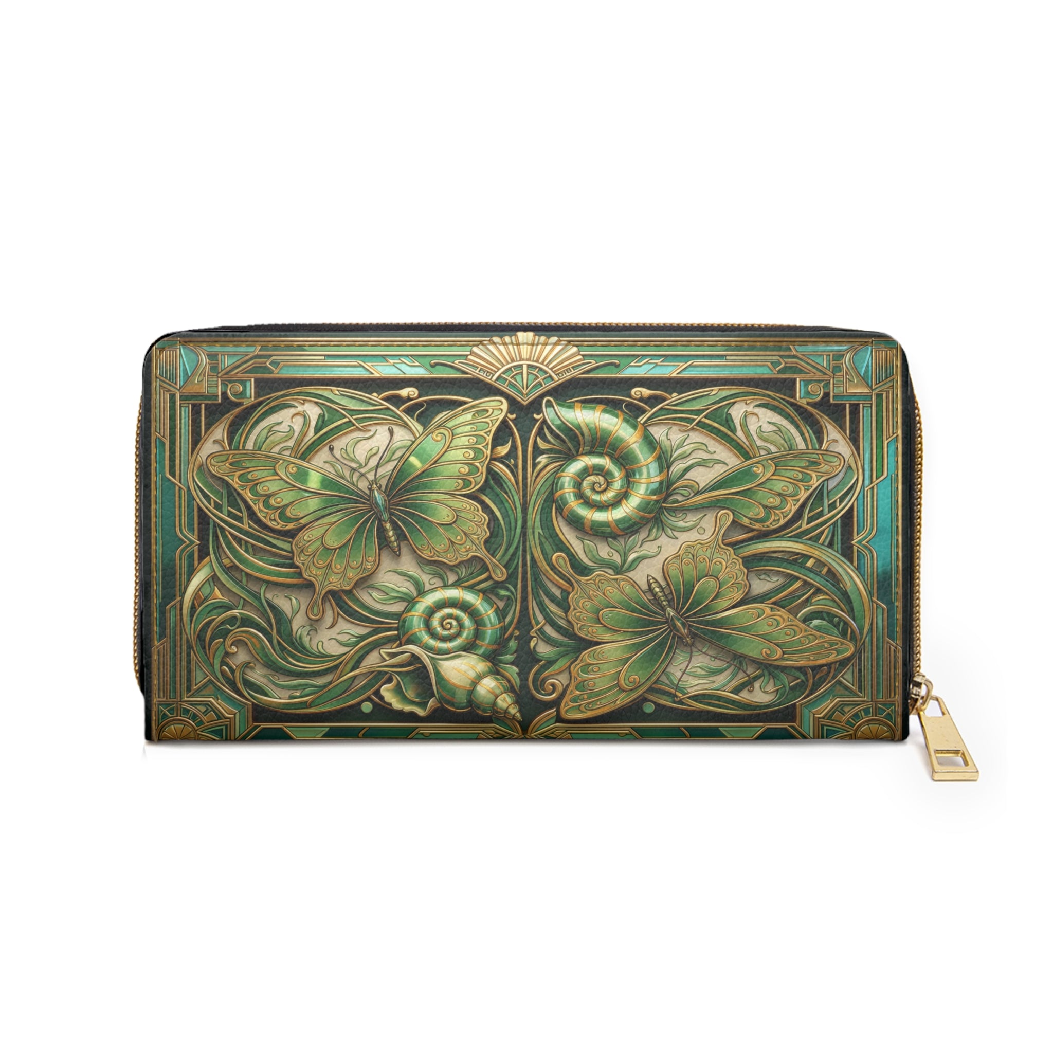 Art Nouveau Butterfly Zipper Wallet — Green Floral Zip Wallet for Women