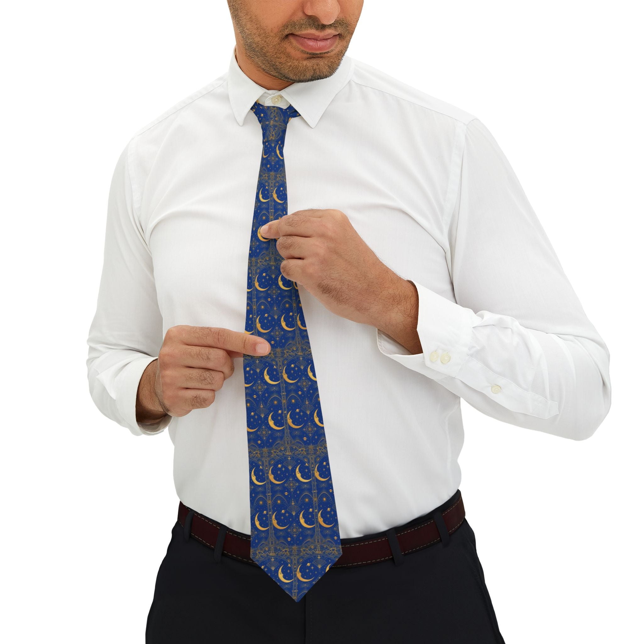 Moon Pattern Necktie — Blue Celestial Crescent Tie for Men