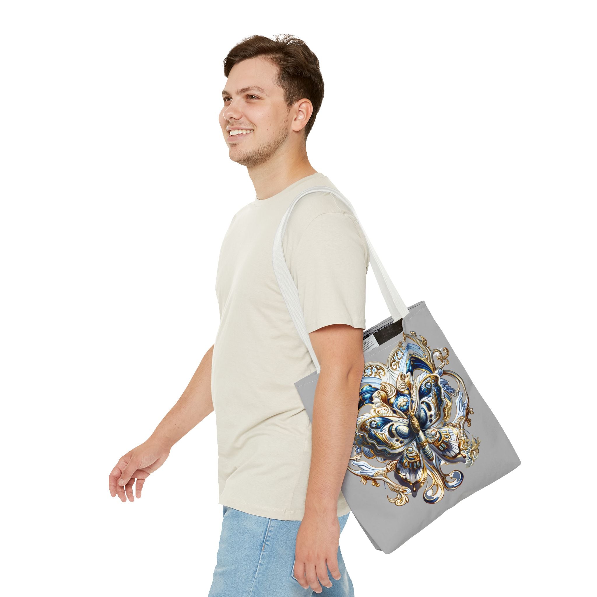 Baroque Butterfly Tote Bag — Ornate Gold & Blue All-Over Print