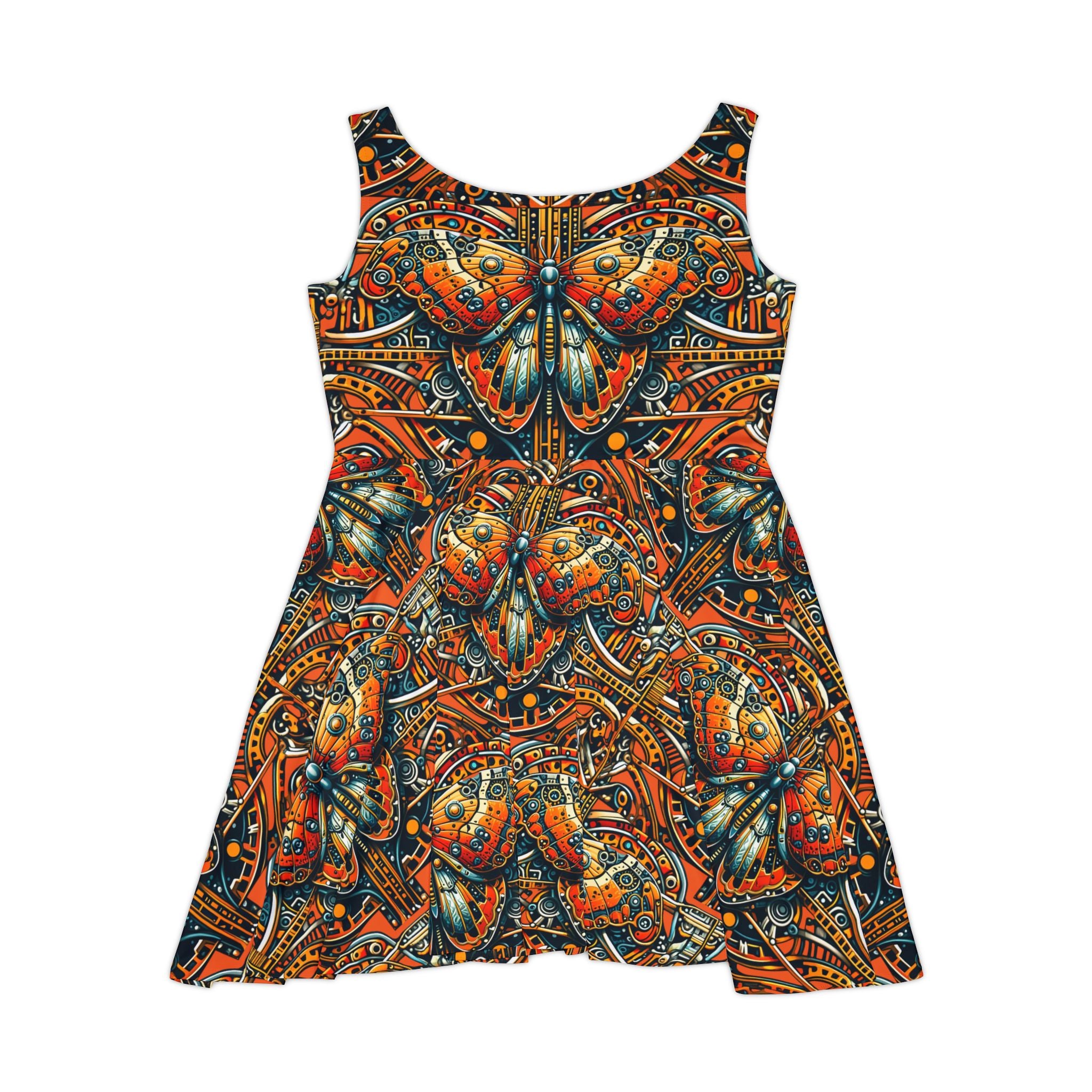 Orange Steampunk Butterfly Skater Dress — All-Over Print Boho Art Dress