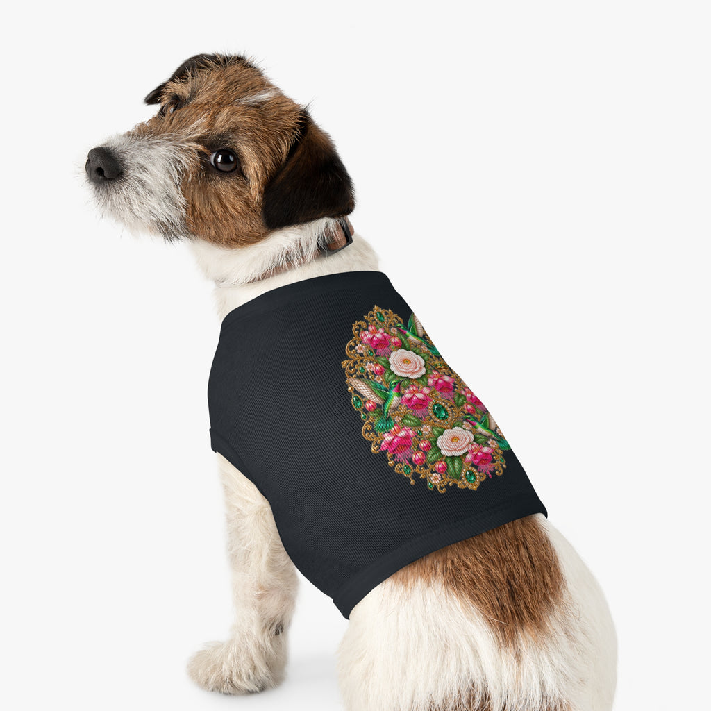 Floral Hummingbird Pet Tank — Ornate Jewel-Embossed Dog Shirt