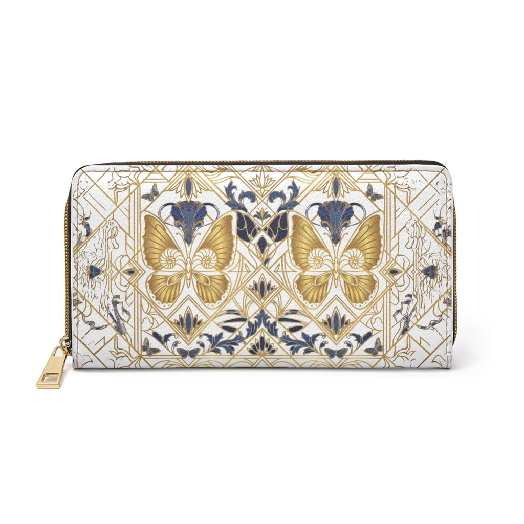 Gold Butterfly Zipper Wallet — Elegant Floral Art Nouveau Clutch Wallet