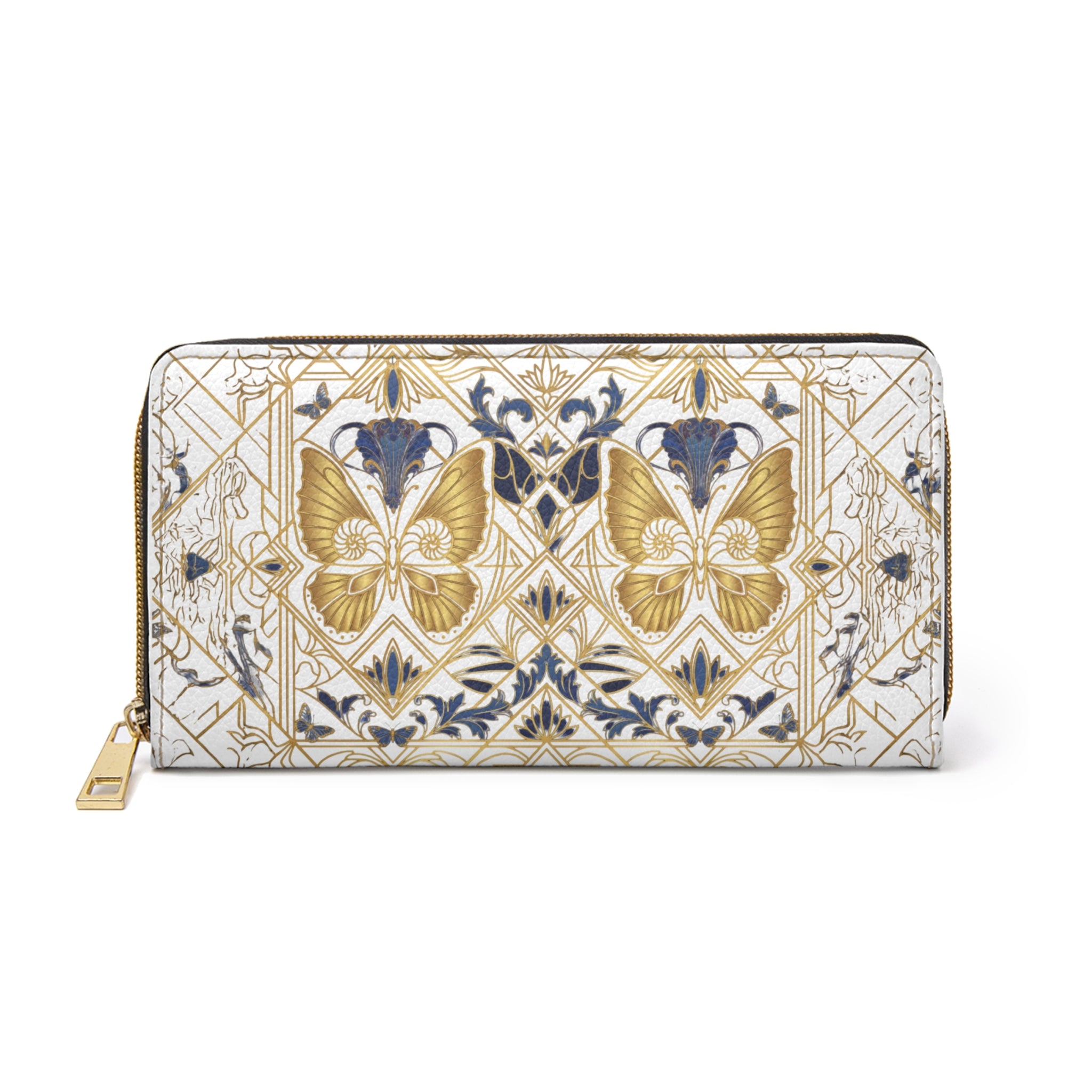 Gold Butterfly Zipper Wallet — Elegant Floral Art Nouveau Clutch Wallet