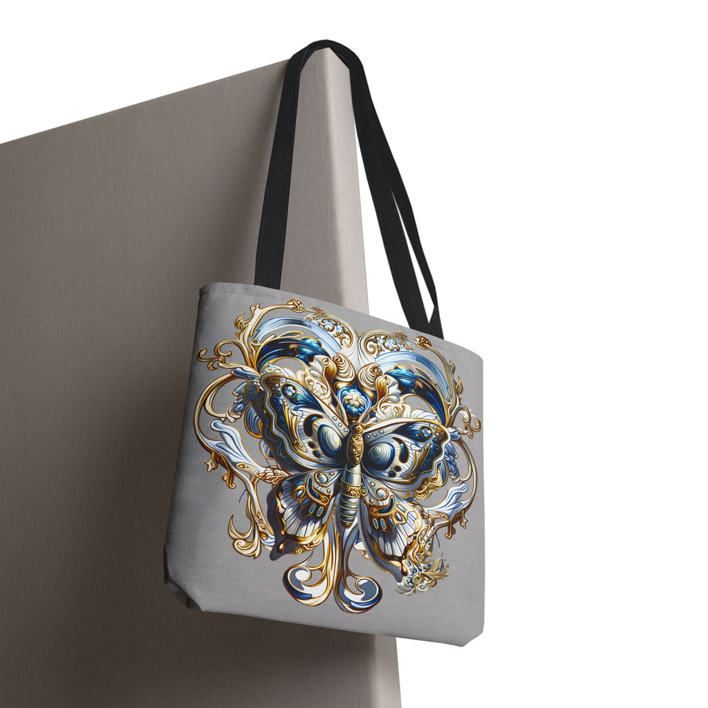 Baroque Butterfly Tote Bag — Ornate Gold & Blue All-Over Print