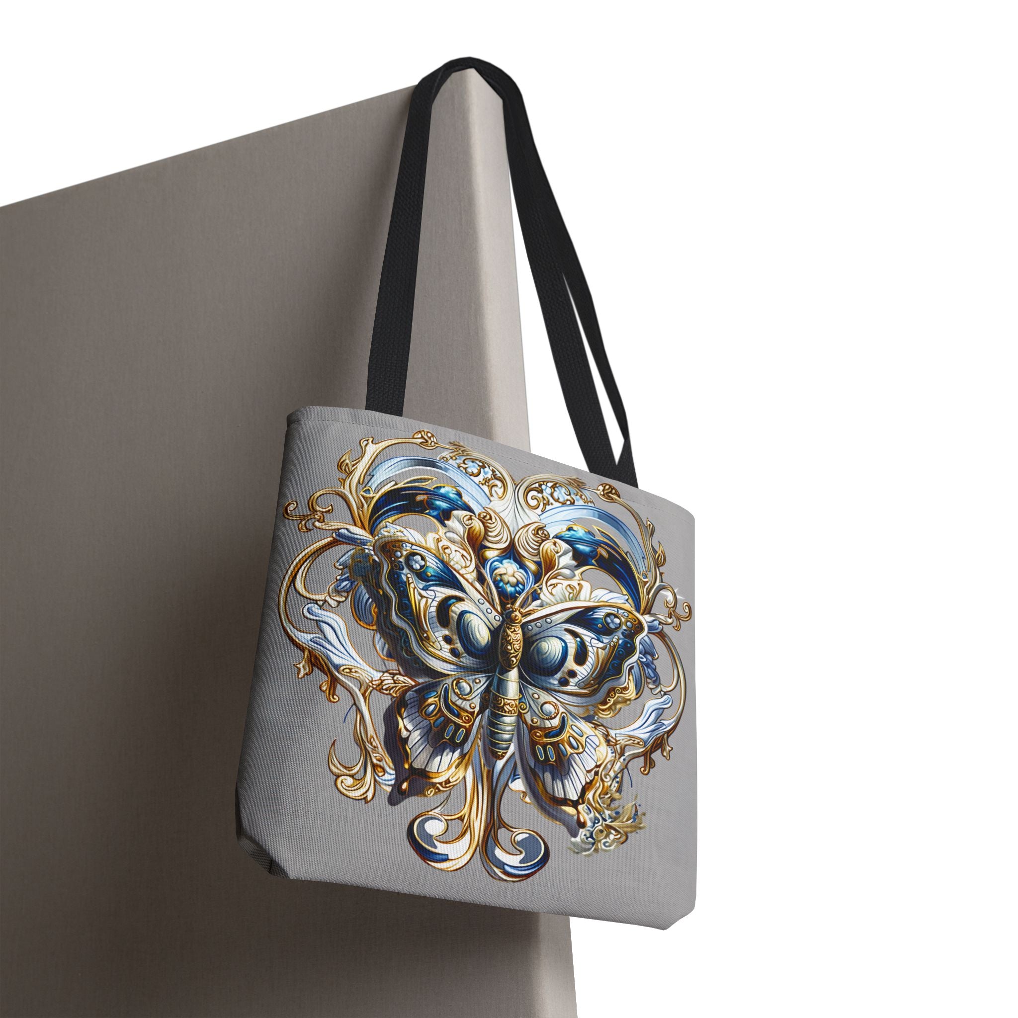 Baroque Butterfly Tote Bag — Ornate Gold & Blue All-Over Print