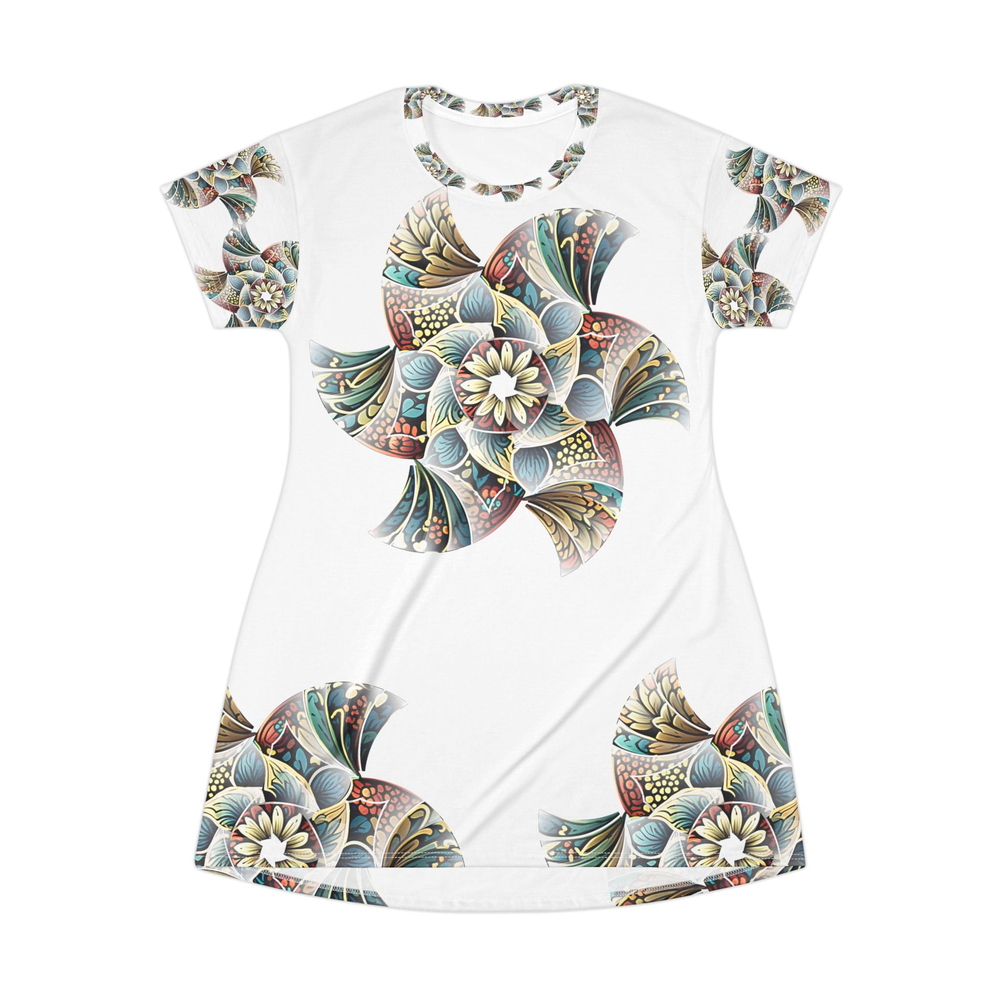 Floral Mandala T-Shirt Dress — Boho All-Over Print Summer Dress