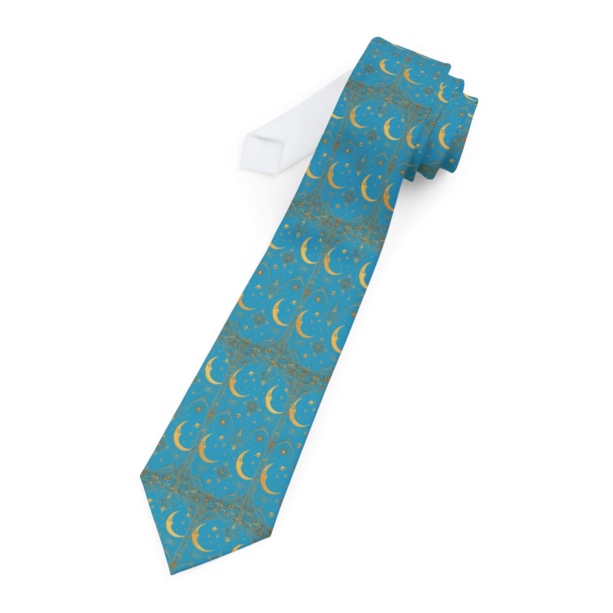 Celestial Crescent Necktie — Teal Moon Pattern Formal Tie