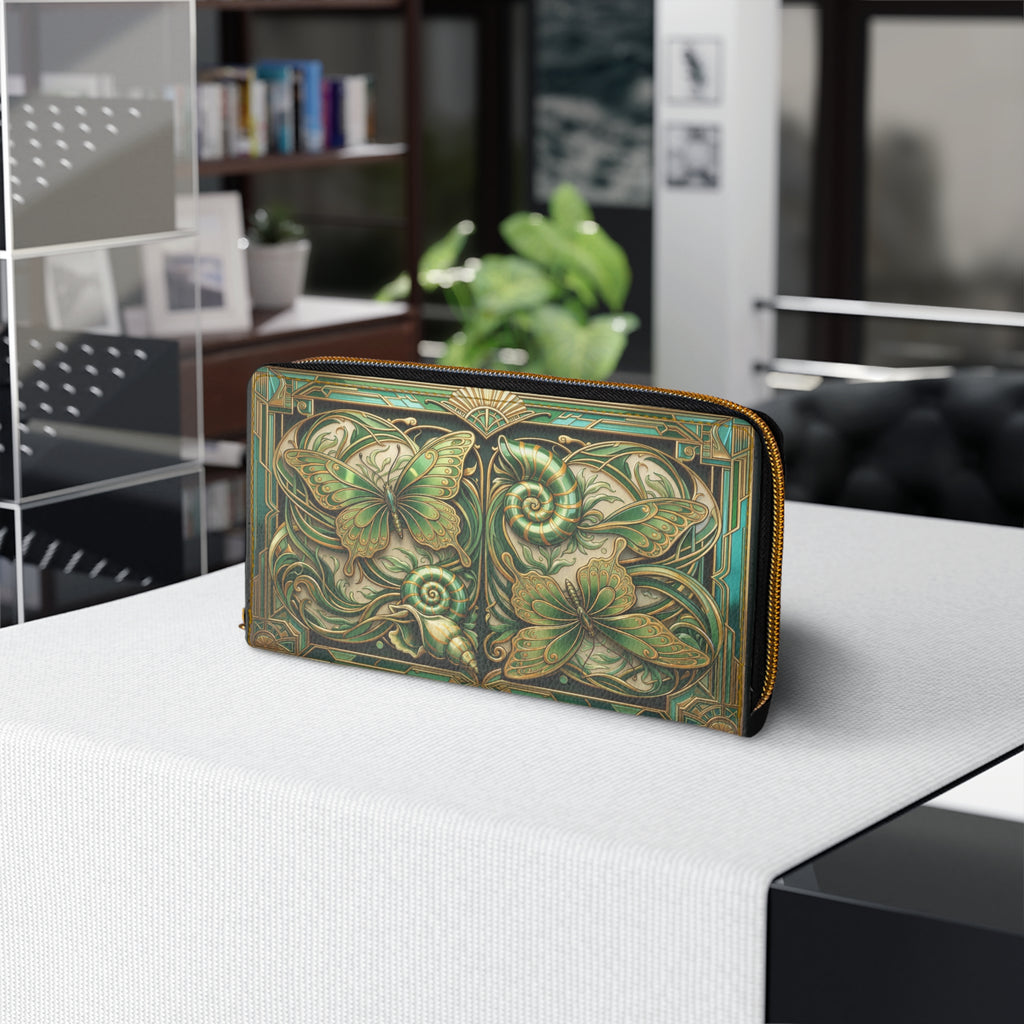 Art Nouveau Butterfly Zipper Wallet — Green Floral Zip Wallet for Women