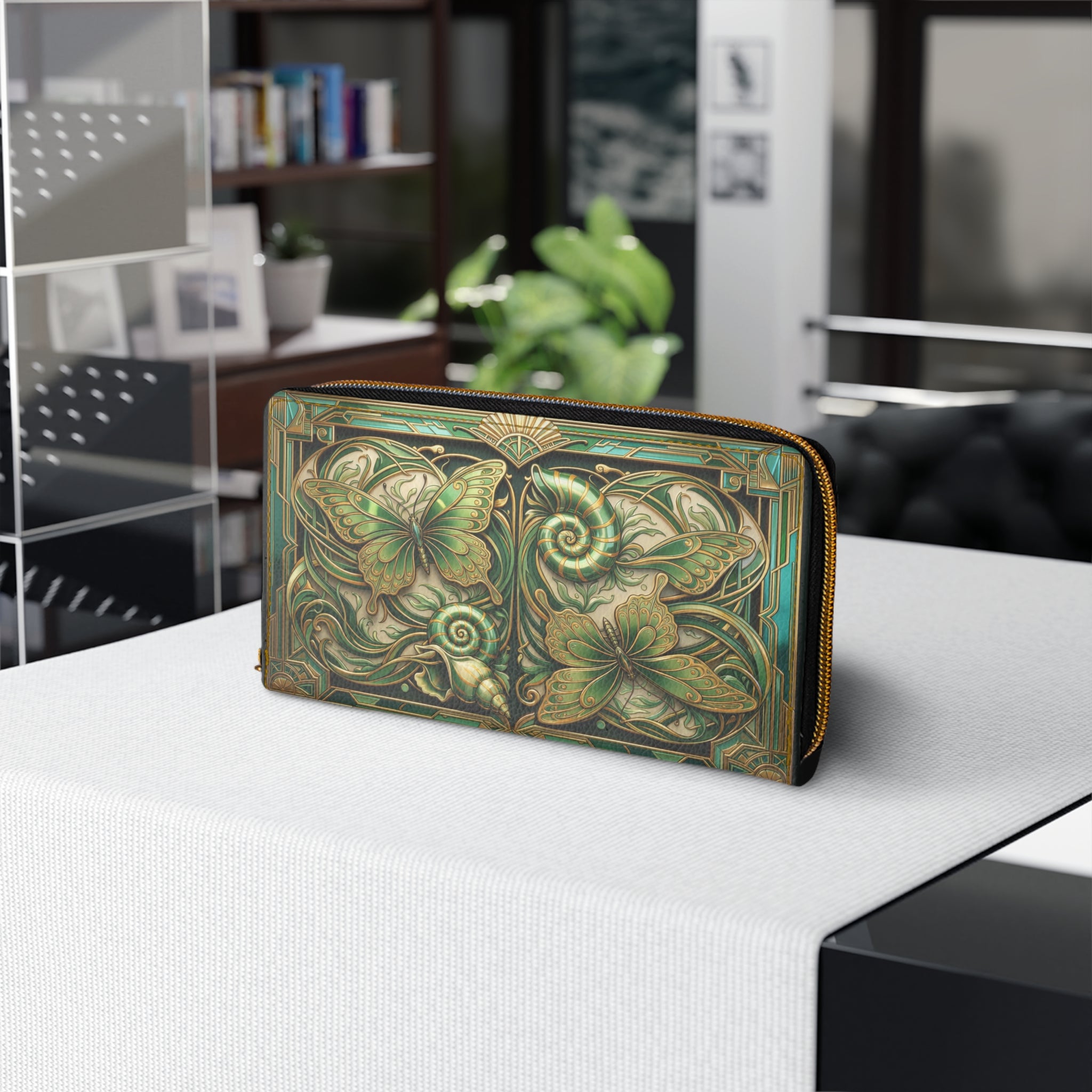 Art Nouveau Butterfly Zipper Wallet — Green Floral Zip Wallet for Women