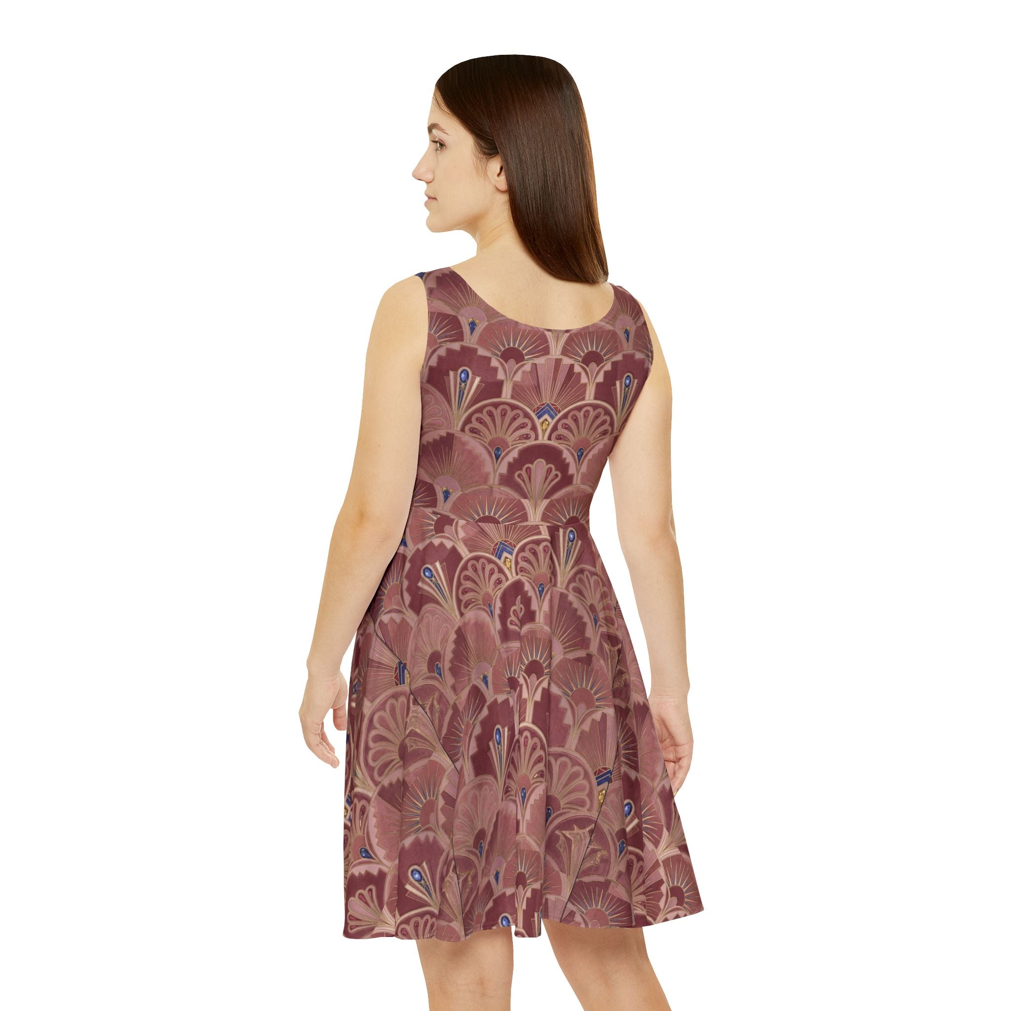 Art Deco Floral Skater Dress - Vintage Peach Patterned AOP