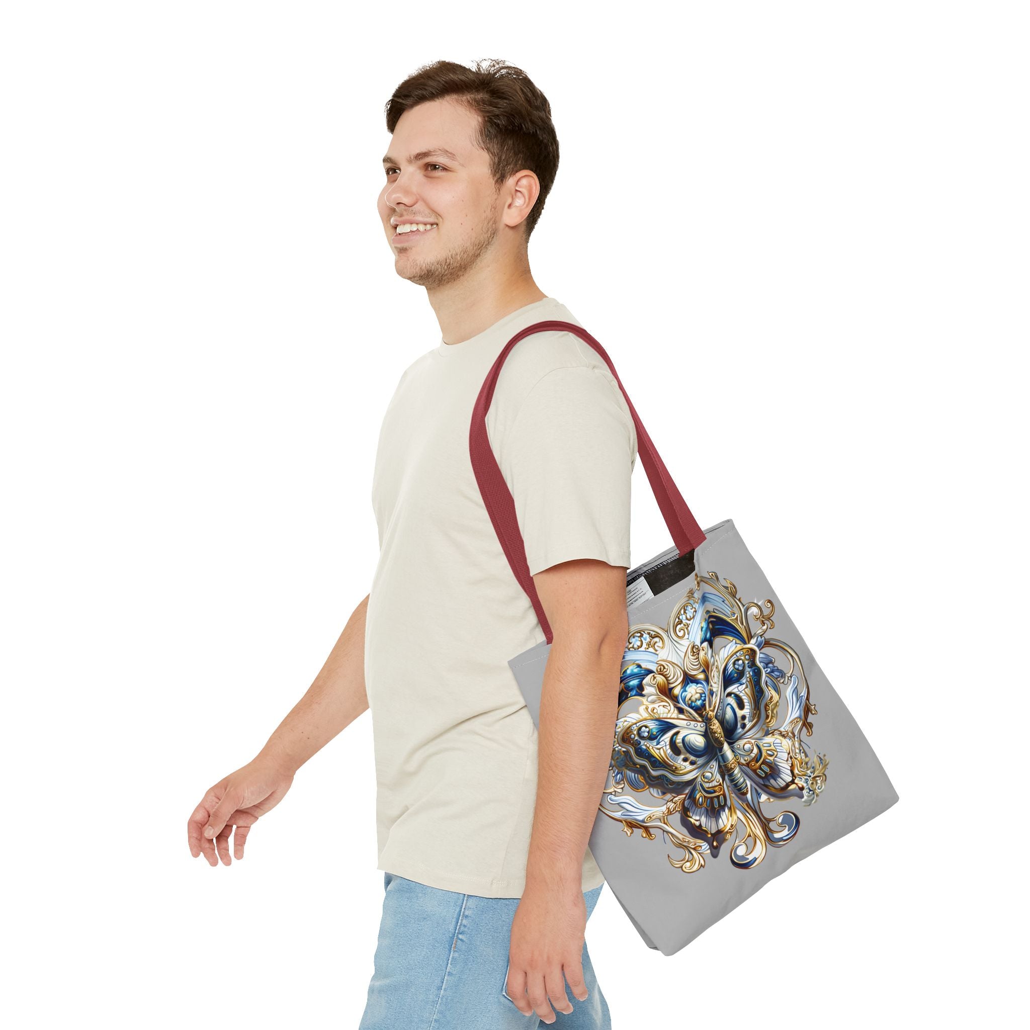 Baroque Butterfly Tote Bag — Ornate Gold & Blue All-Over Print