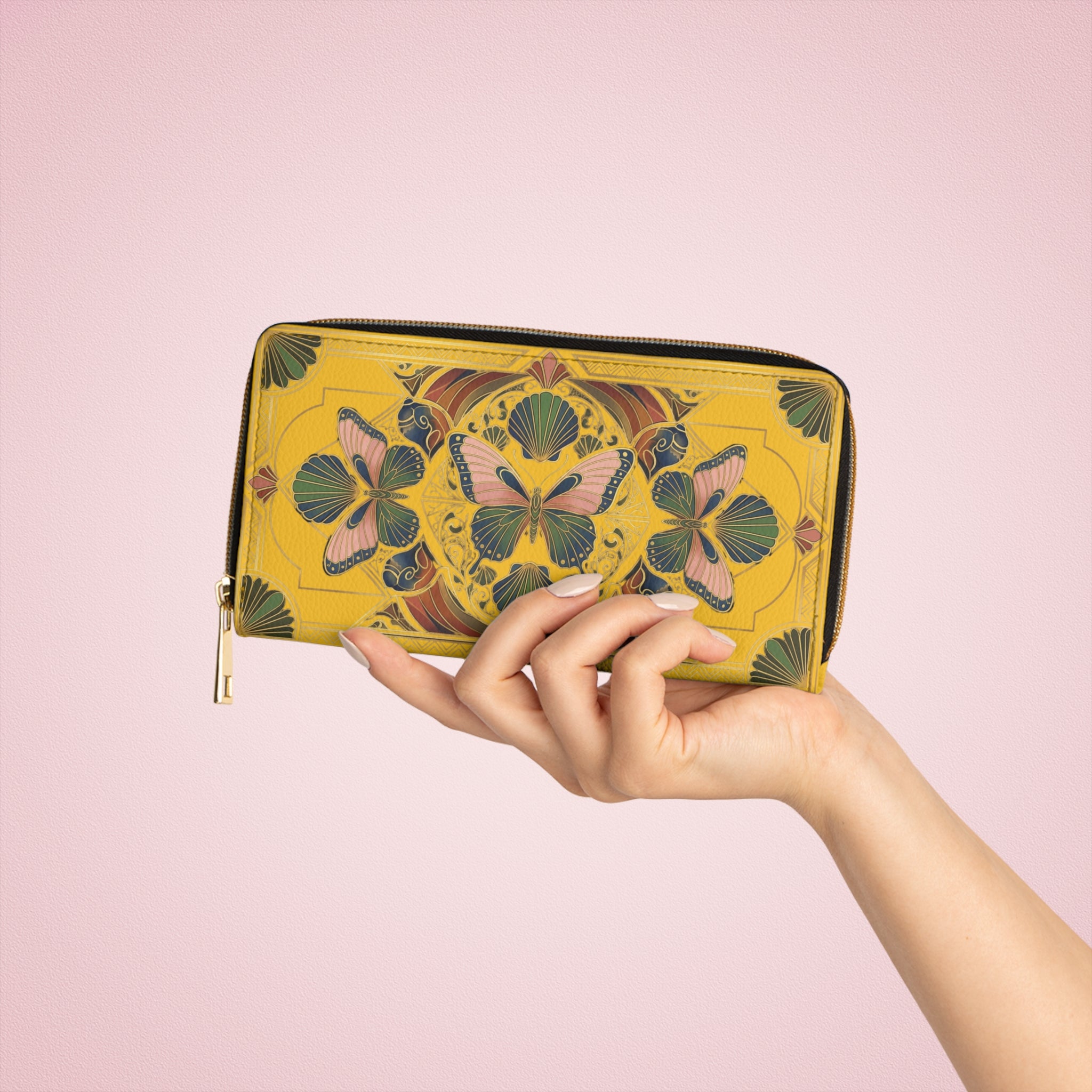 Butterfly Kaleidoscope Zipper Wallet — Yellow Floral Travel Wallet