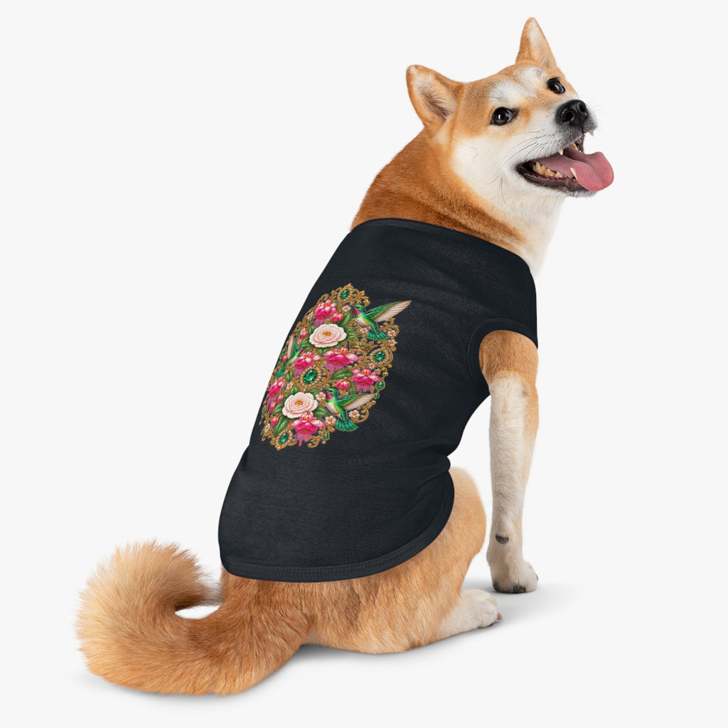 Floral Hummingbird Pet Tank — Ornate Jewel-Embossed Dog Shirt