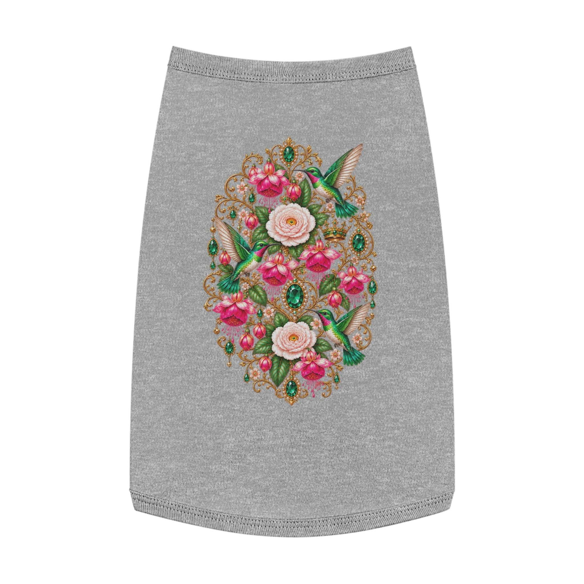 Floral Hummingbird Pet Tank — Ornate Jewel-Embossed Dog Shirt