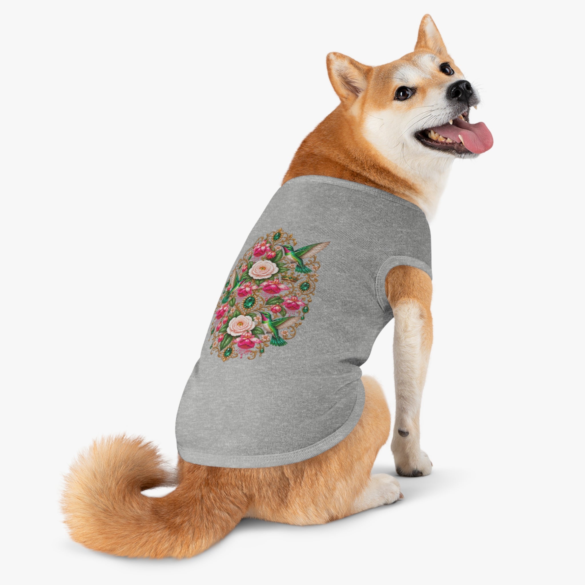 Floral Hummingbird Pet Tank — Ornate Jewel-Embossed Dog Shirt