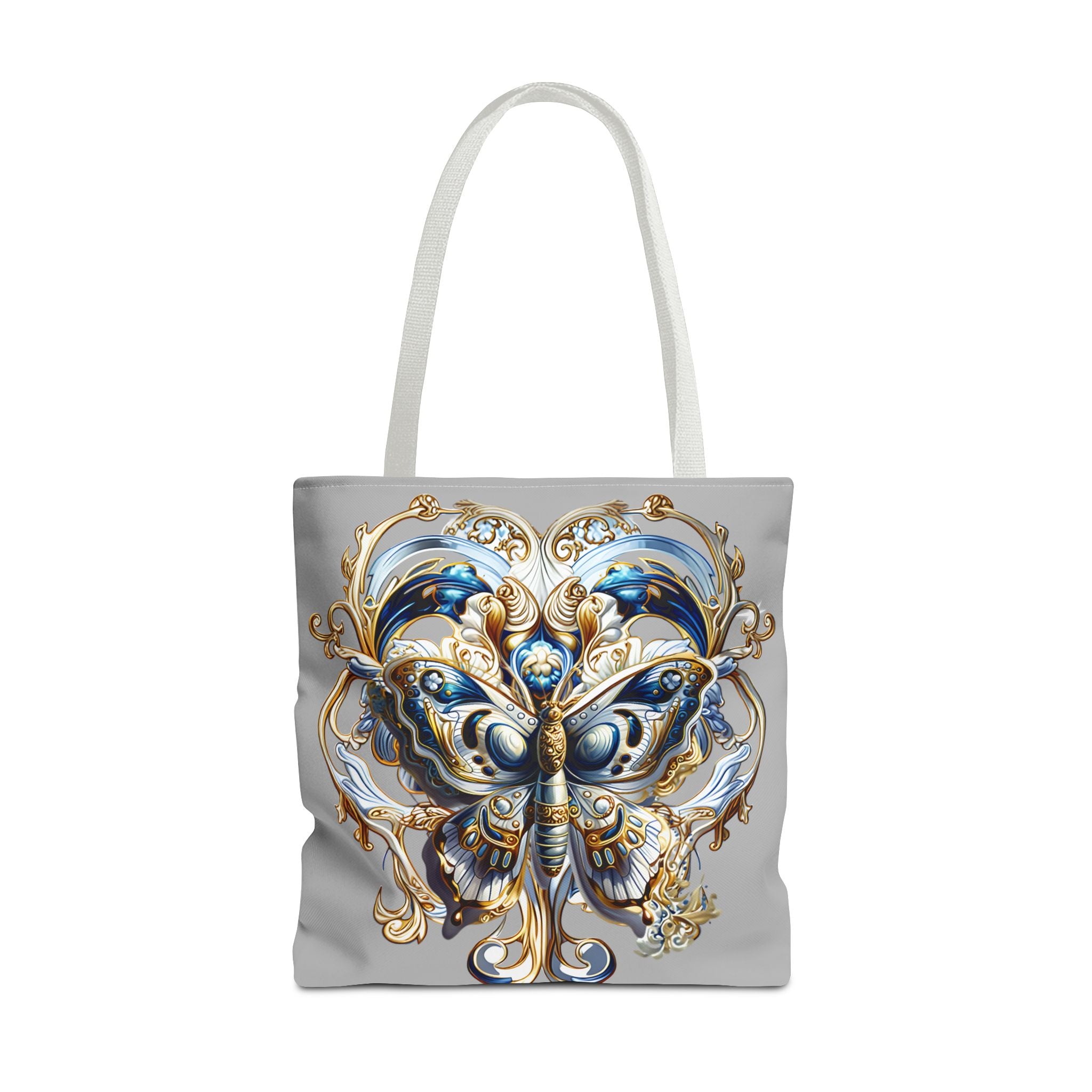 Baroque Butterfly Tote Bag — Ornate Gold & Blue All-Over Print