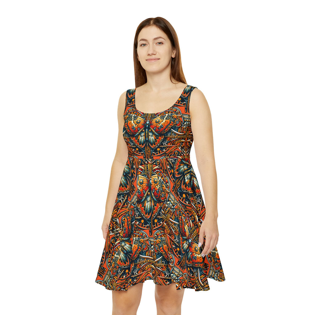 Orange Steampunk Butterfly Skater Dress — All-Over Print Boho Art Dress