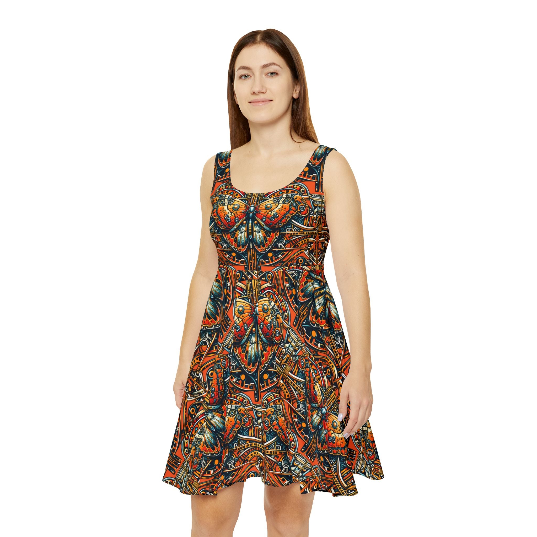 Orange Steampunk Butterfly Skater Dress — All-Over Print Boho Art Dress