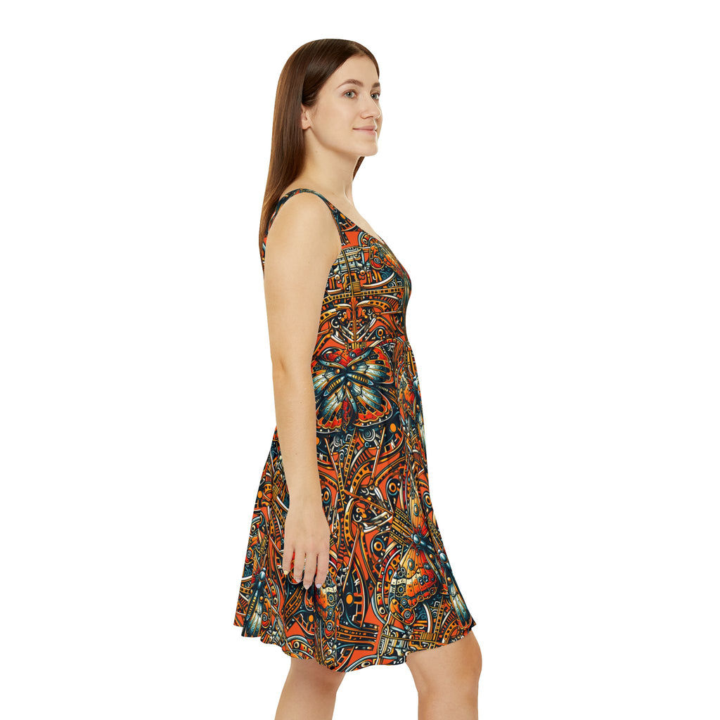 Orange Steampunk Butterfly Skater Dress — All-Over Print Boho Art Dress