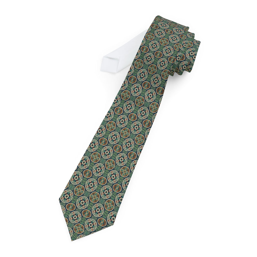 Green Geometric Pattern Necktie — Retro Floral Medallion Tie for Men