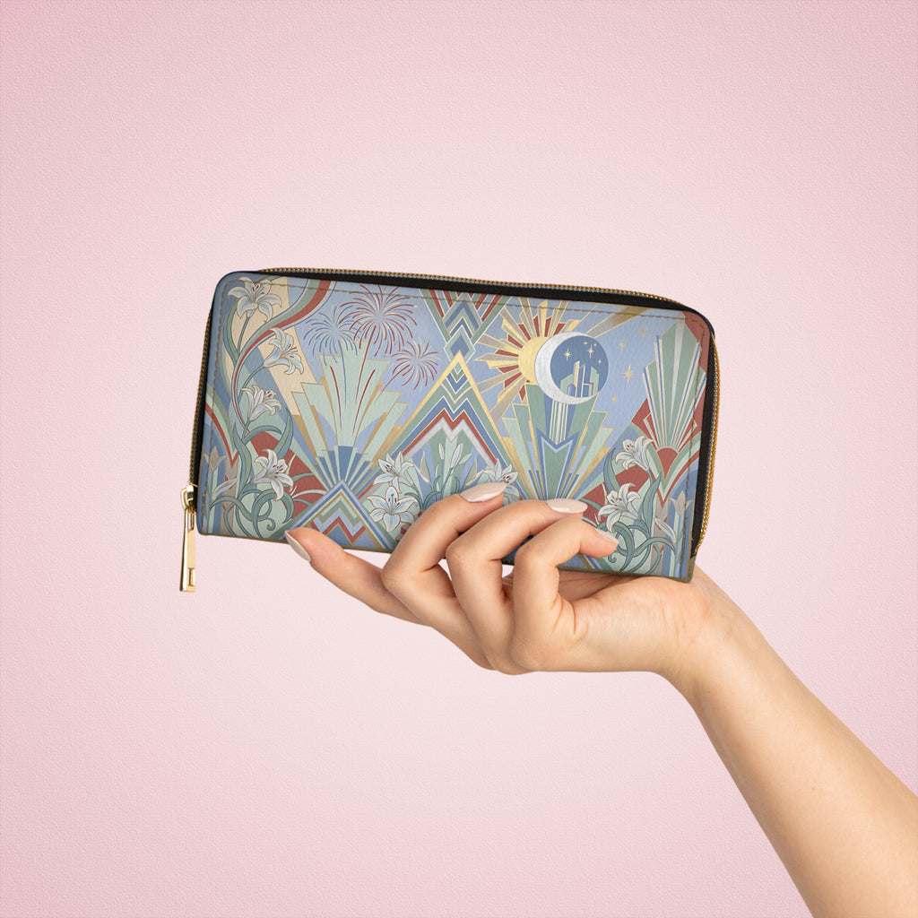 Art Deco Moon & Sun Zipper Wallet — Floral Geometric Travel Wallet