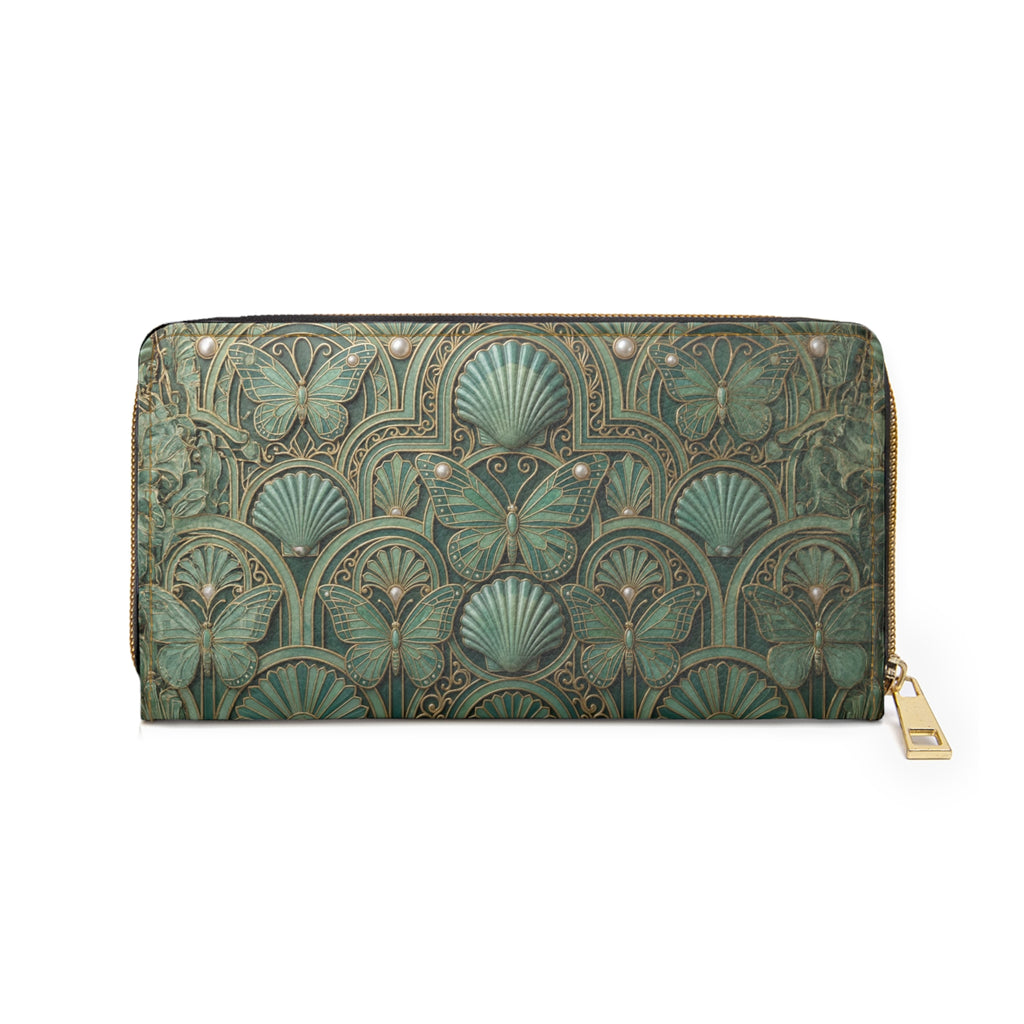 Art Deco Seashell Zipper Wallet — Vintage Green Scallop Pattern