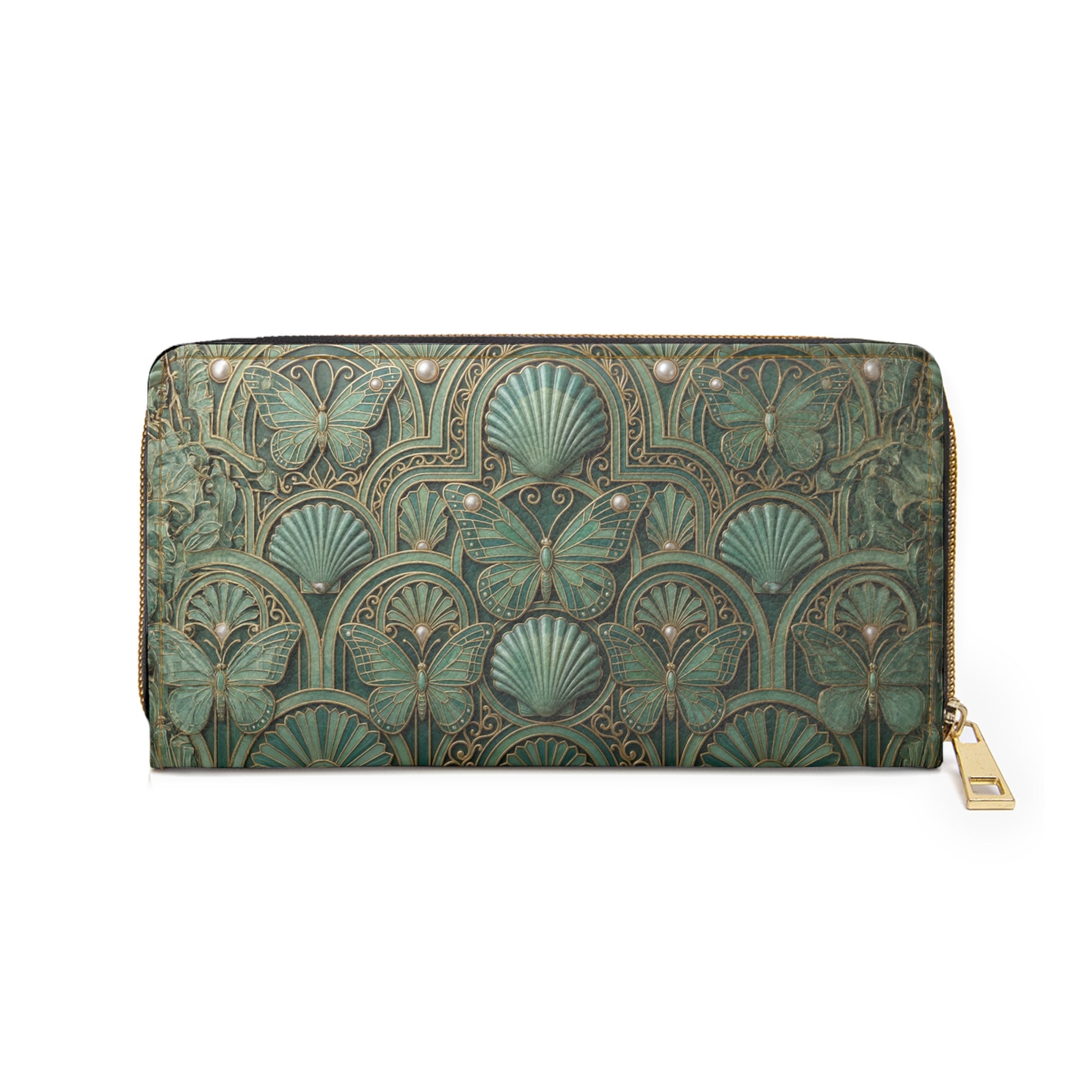 Art Deco Seashell Zipper Wallet — Vintage Green Scallop Pattern