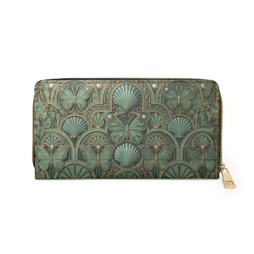 Art Deco Seashell Zipper Wallet — Vintage Green Scallop Pattern