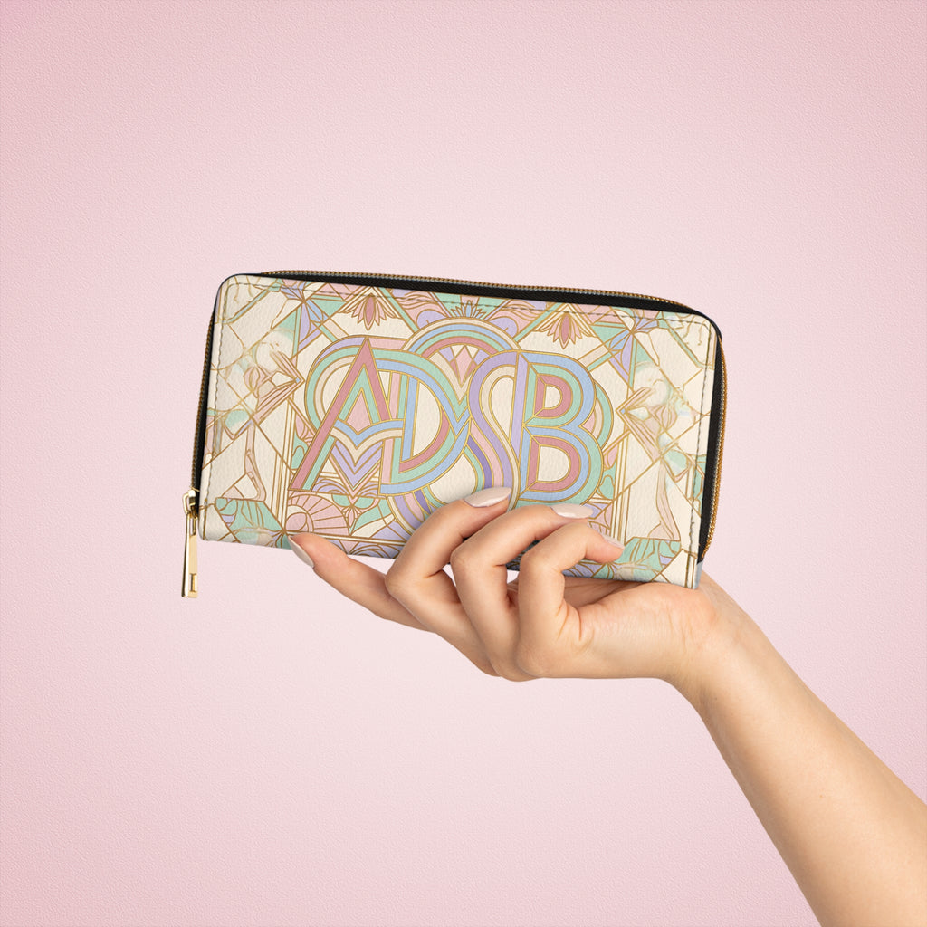 Art Deco Monogram Zipper Wallet — Pastel Initials Travel Clutch