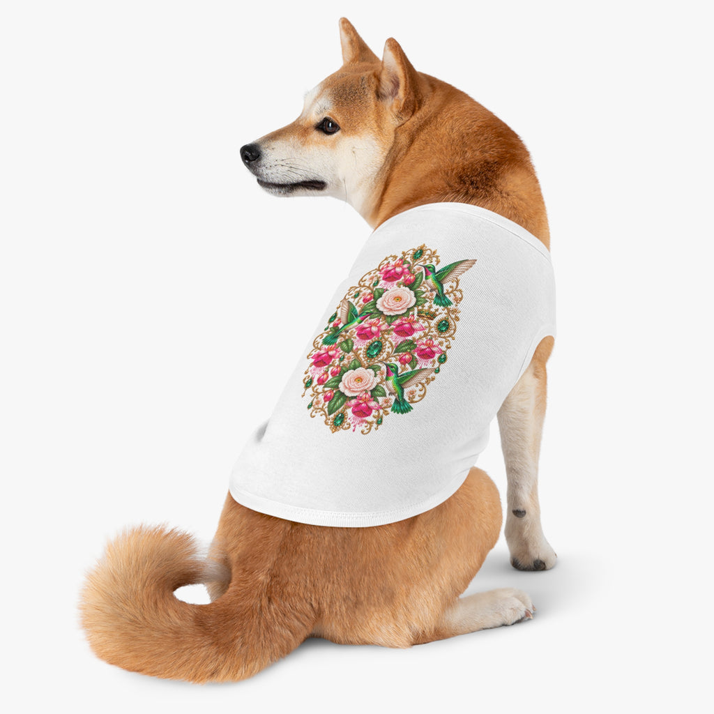 Floral Hummingbird Pet Tank — Ornate Jewel-Embossed Dog Shirt