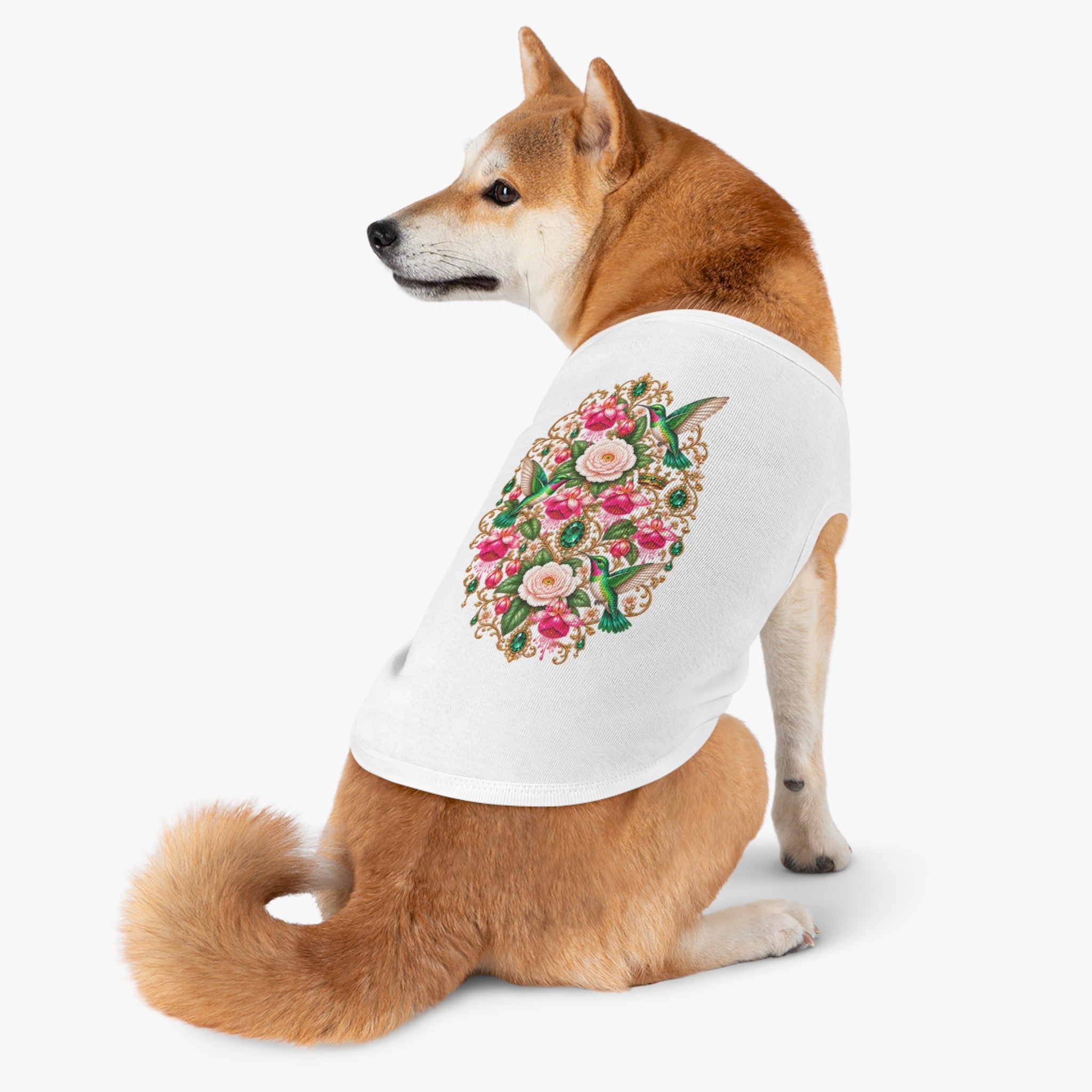 Floral Hummingbird Pet Tank — Ornate Jewel-Embossed Dog Shirt