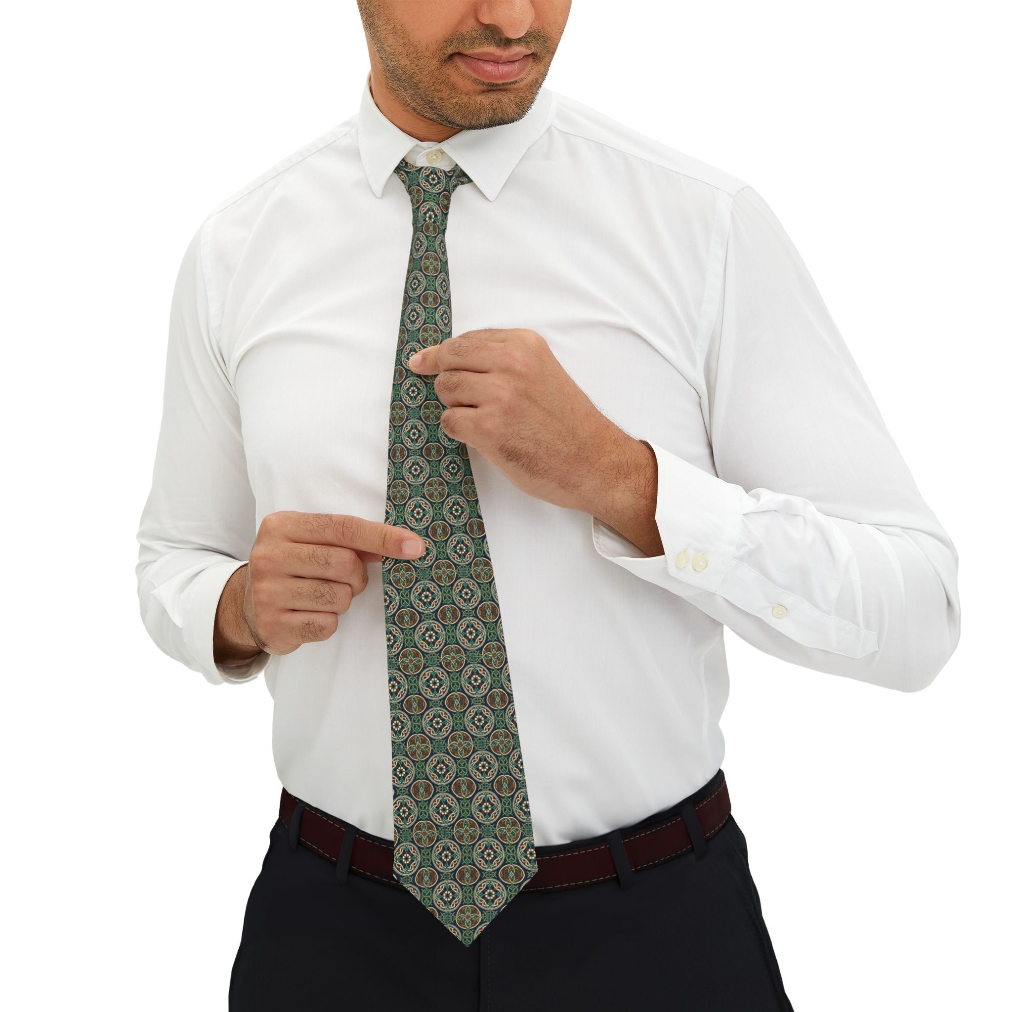 Green Geometric Pattern Necktie — Retro Floral Medallion Tie for Men