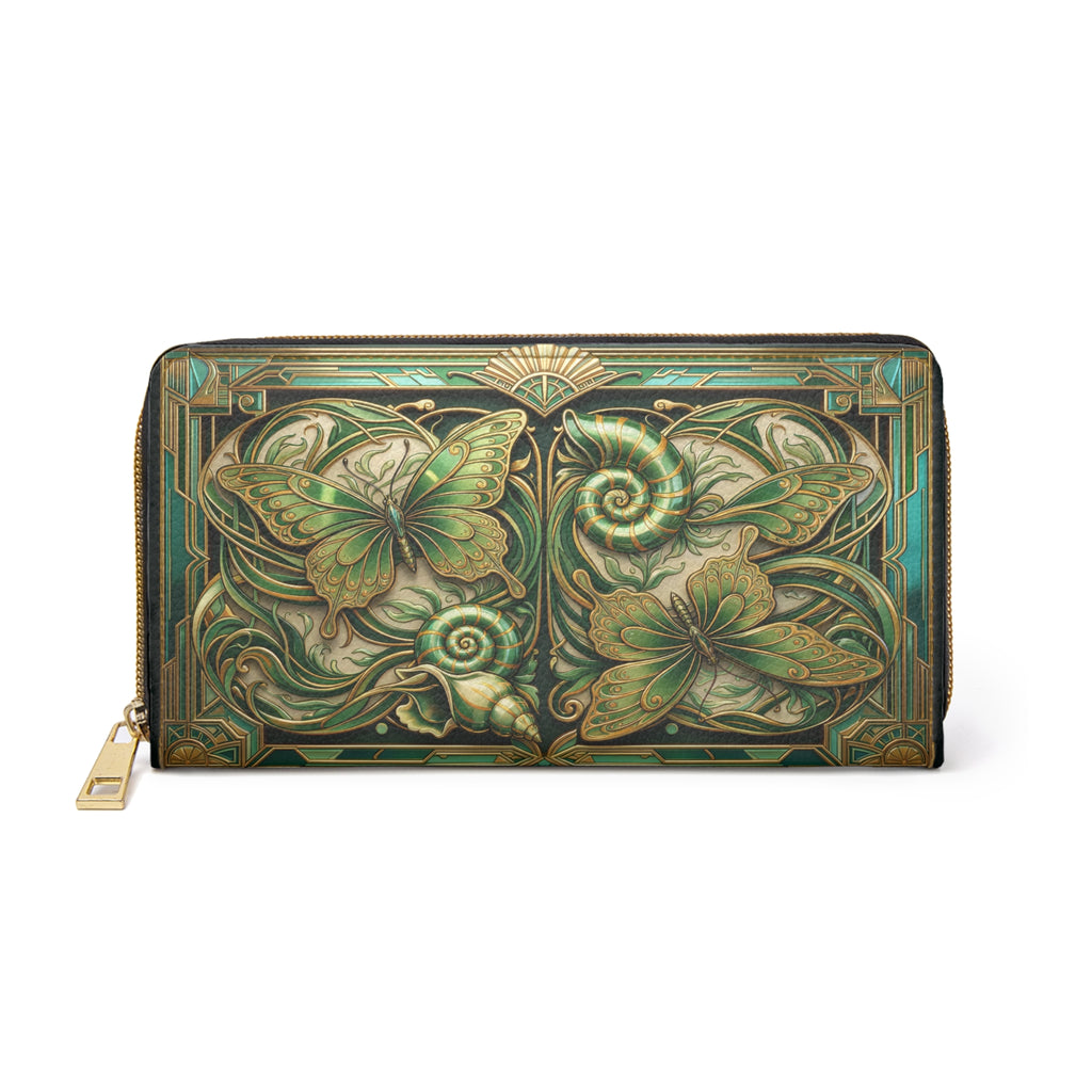 Art Nouveau Butterfly Zipper Wallet — Green Floral Zip Wallet for Women