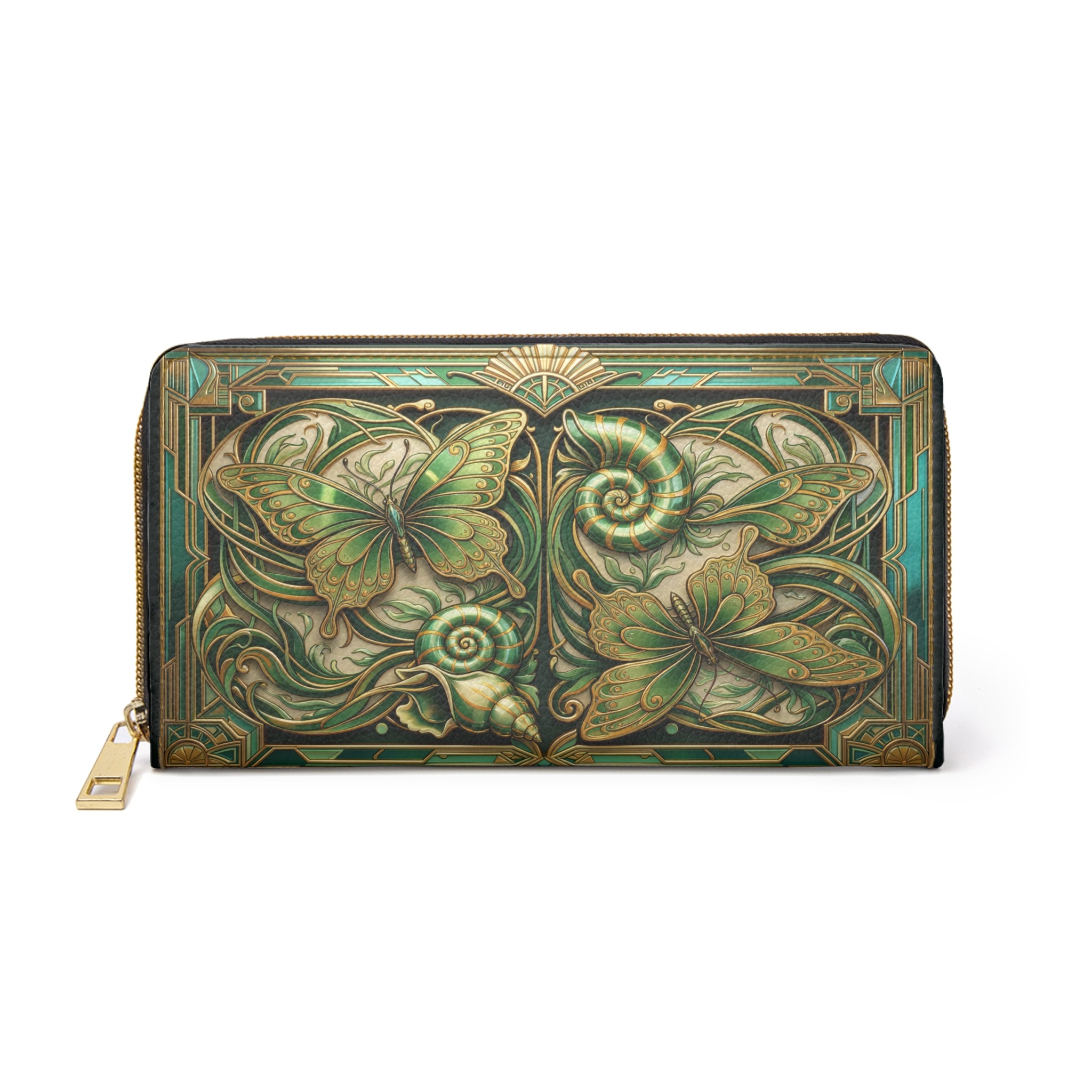 Art Nouveau Butterfly Zipper Wallet — Green Floral Zip Wallet for Women