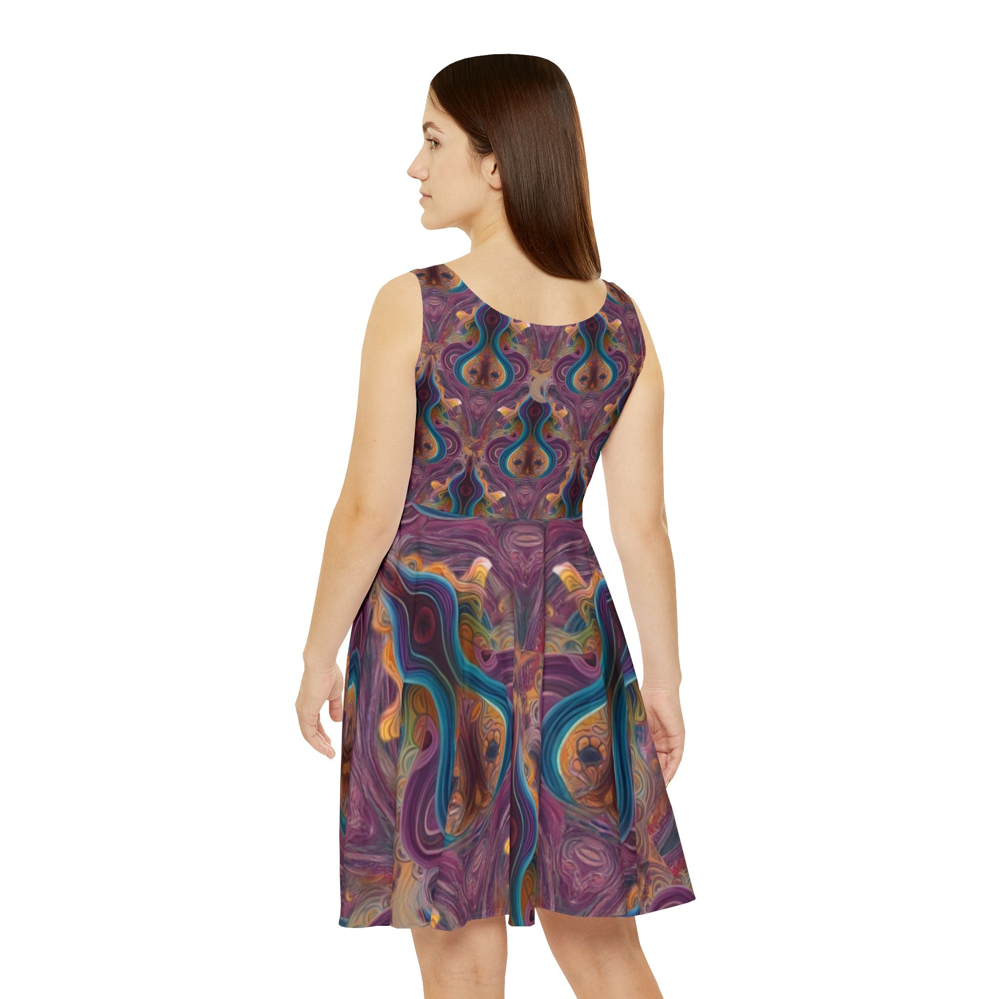 Abstract Psychedelic Floral Skater Dress — Vibrant Retro Swirl Print