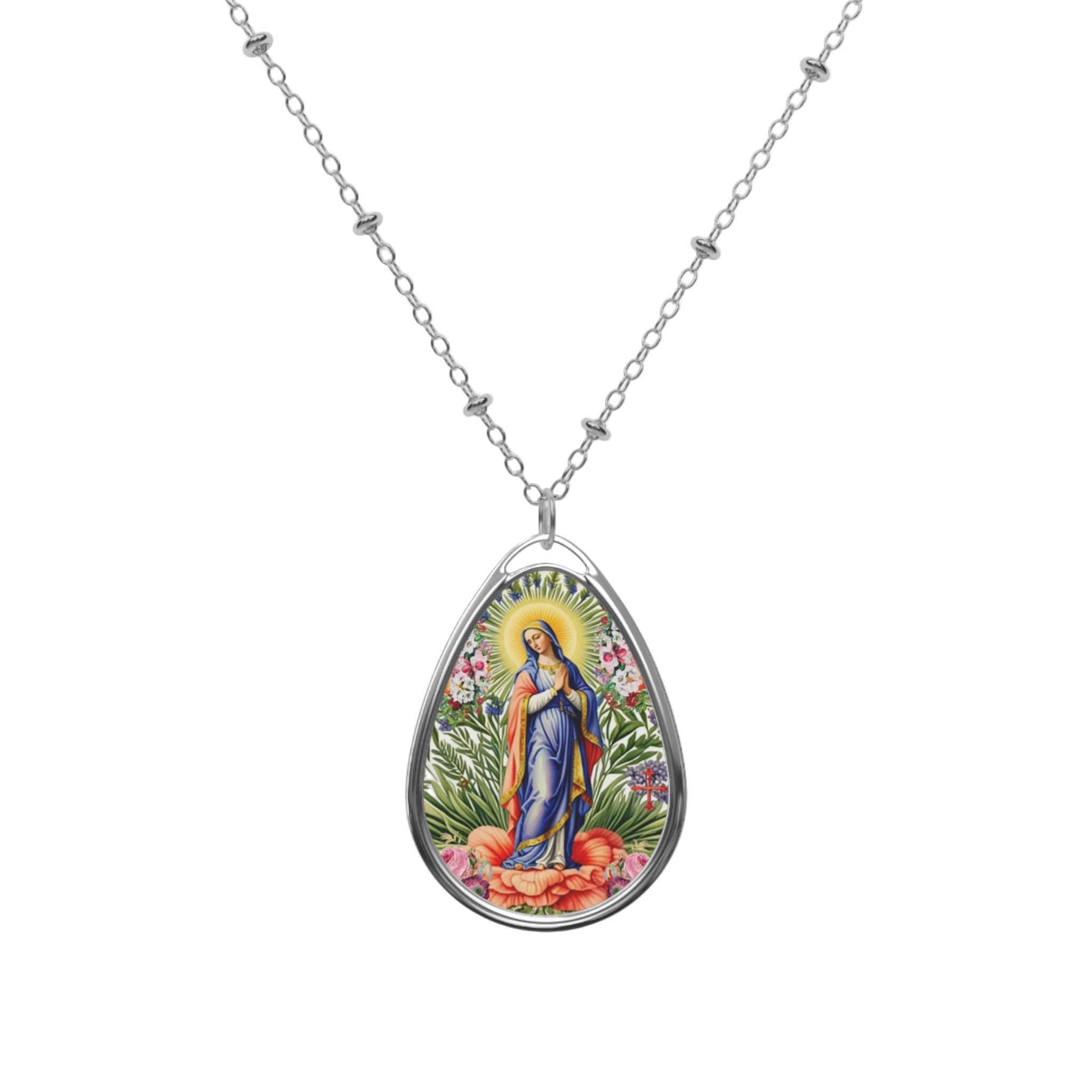 Delicate Oval Necklace with Floral Design, Meaningful Gift for Her, Boho Jewelry, Charm Necklace, Religious Pendant, Everyday Wear