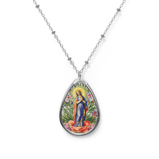 Delicate Oval Necklace with Floral Design, Meaningful Gift for Her, Boho Jewelry, Charm Necklace, Religious Pendant, Everyday Wear