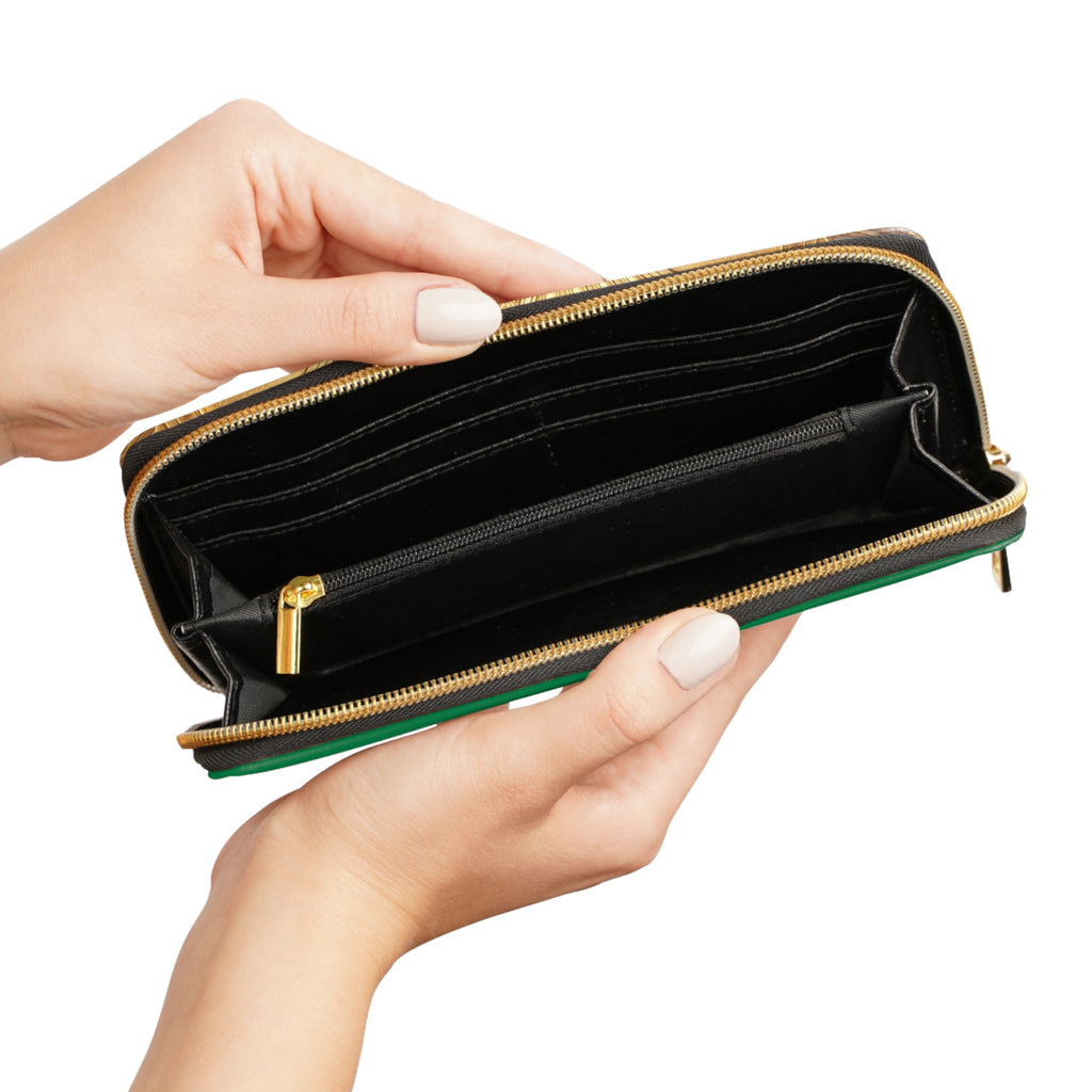 Celtic Knot Zipper Wallet — Green Leather Look Wallet with Gold Snake Emblem