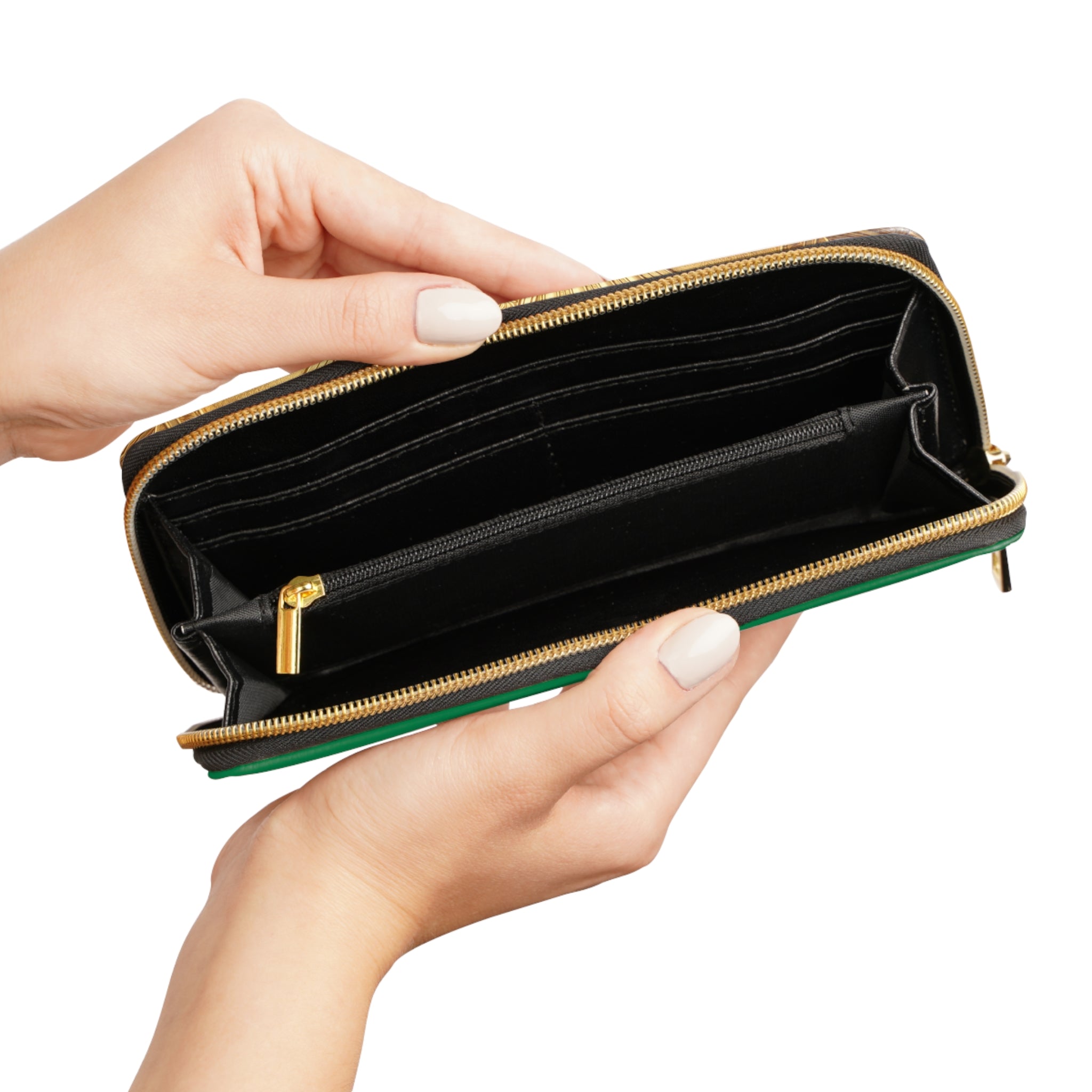 Celtic Knot Zipper Wallet — Green Leather Look Wallet with Gold Snake Emblem