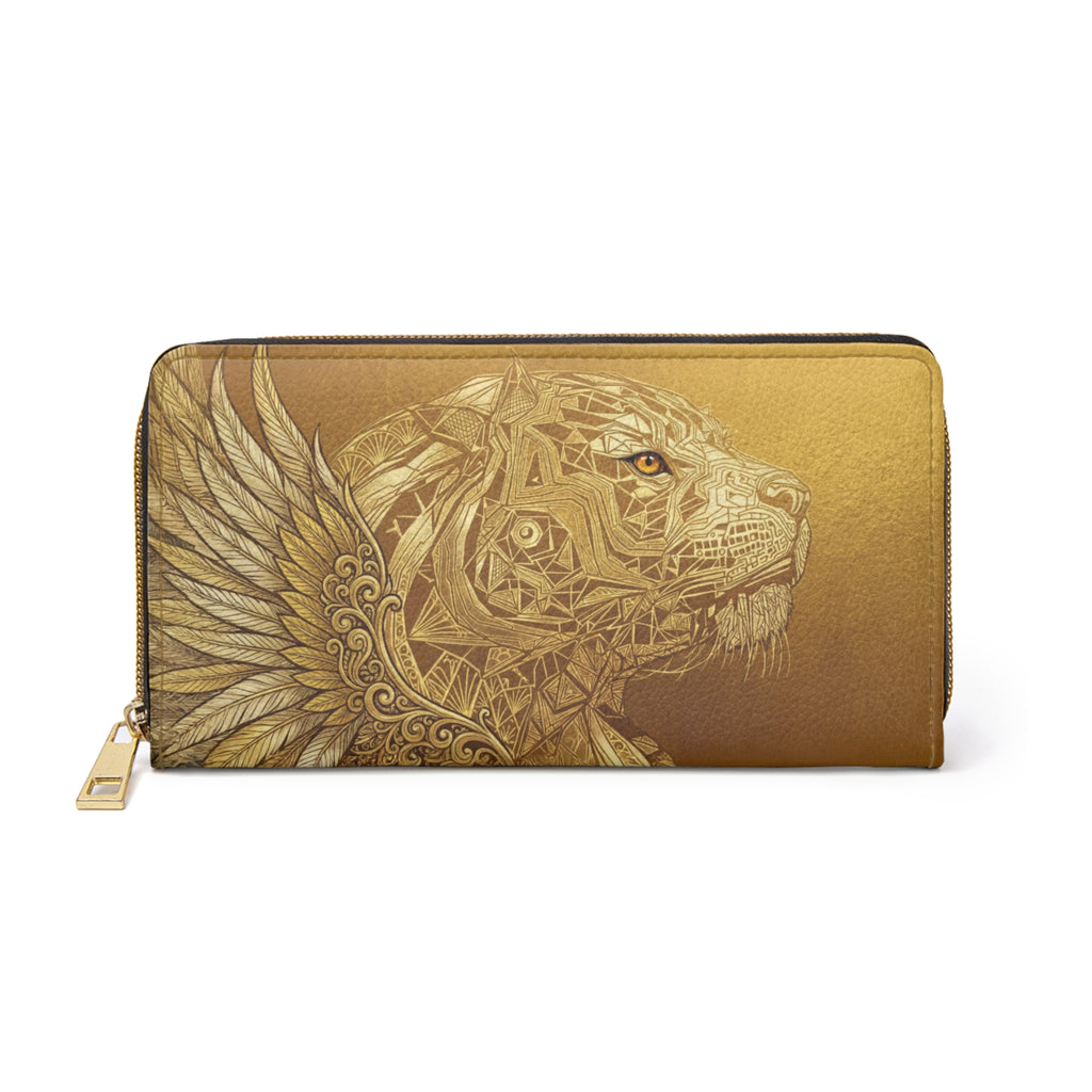Gold Lion & Star Zipper Wallet — Ornate Metallic Animal Print Wallet