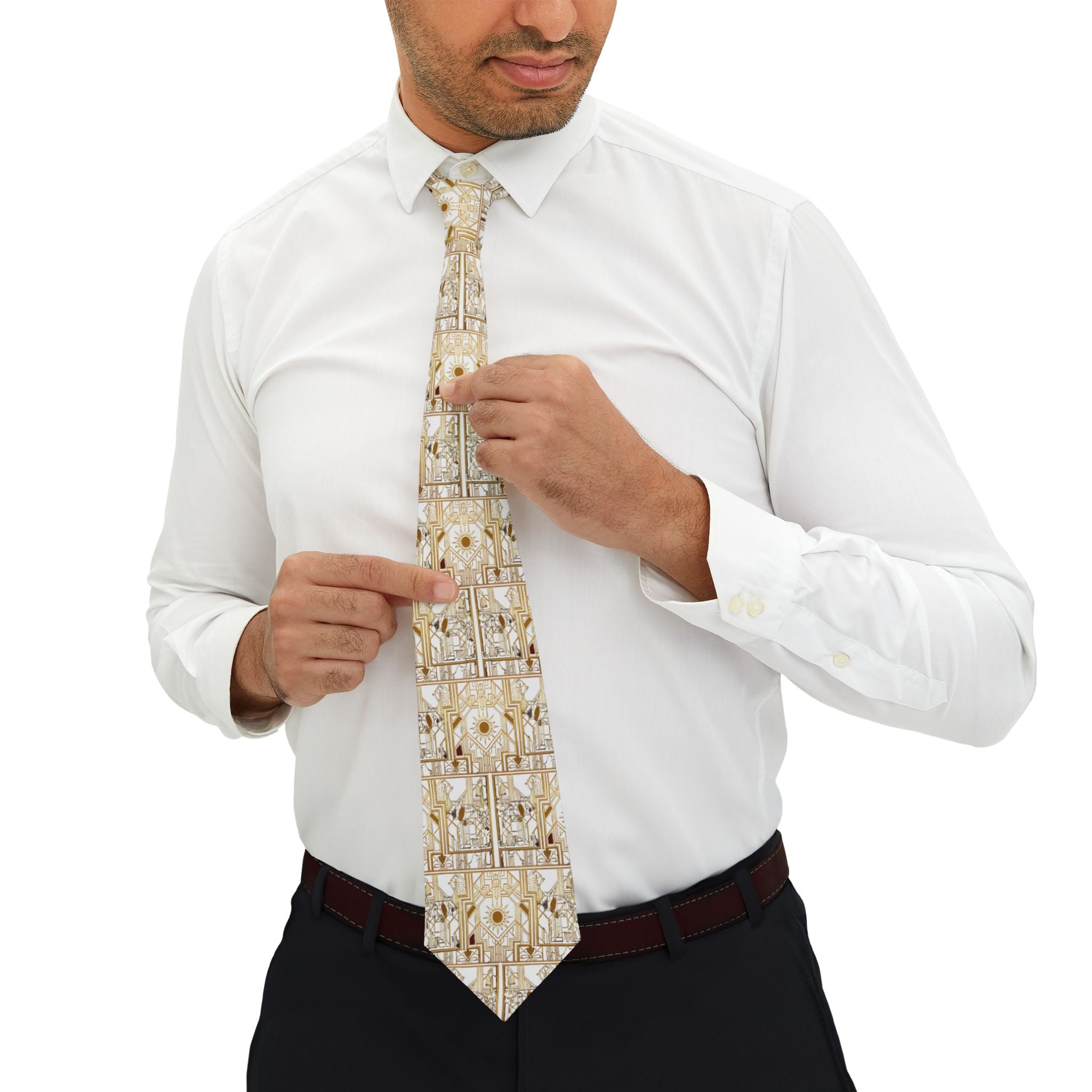 Beige Geometric Floral Necktie — Elegant Vintage Pattern Tie for Weddings & Formal Events