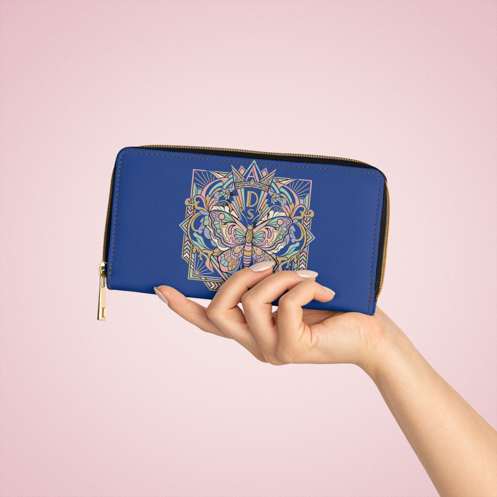 Butterfly Crest Zipper Wallet — Floral Geometric Blue Leather Wallet