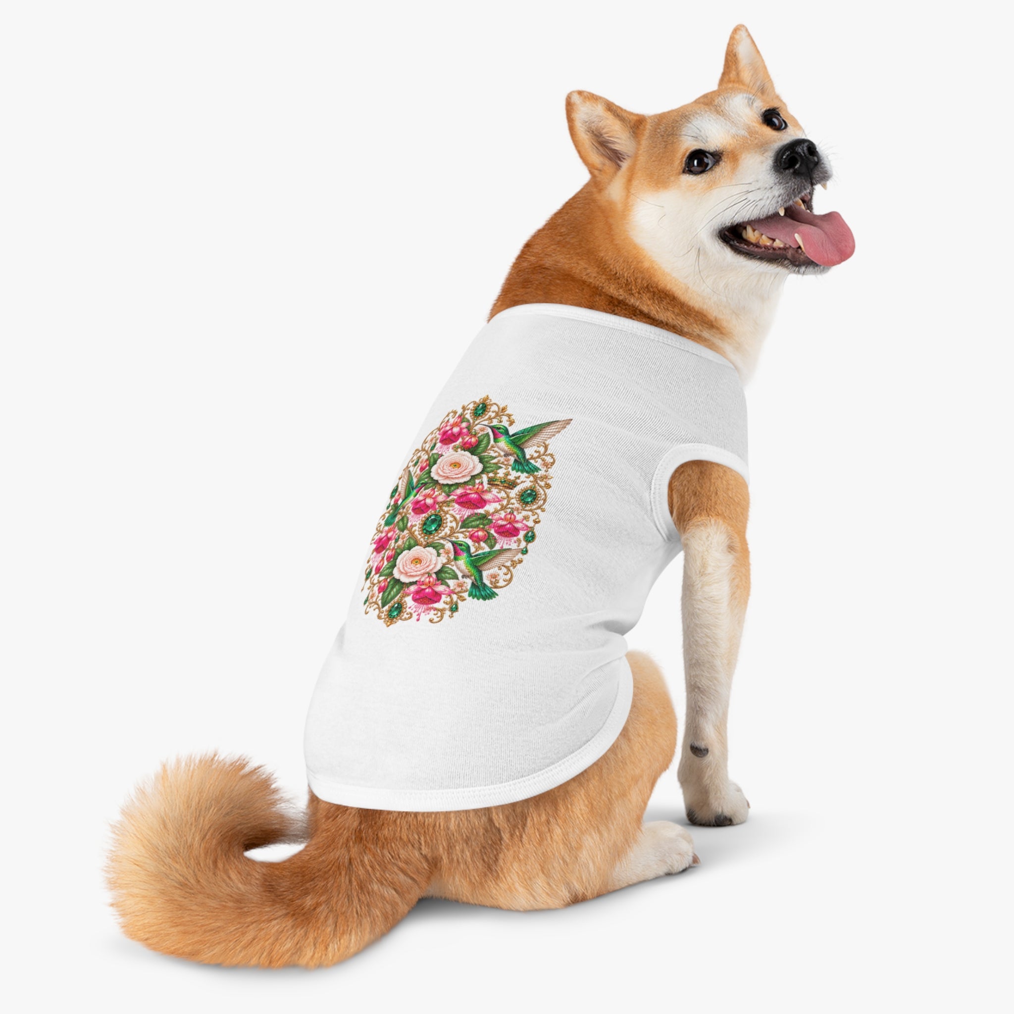 Floral Hummingbird Pet Tank — Ornate Jewel-Embossed Dog Shirt