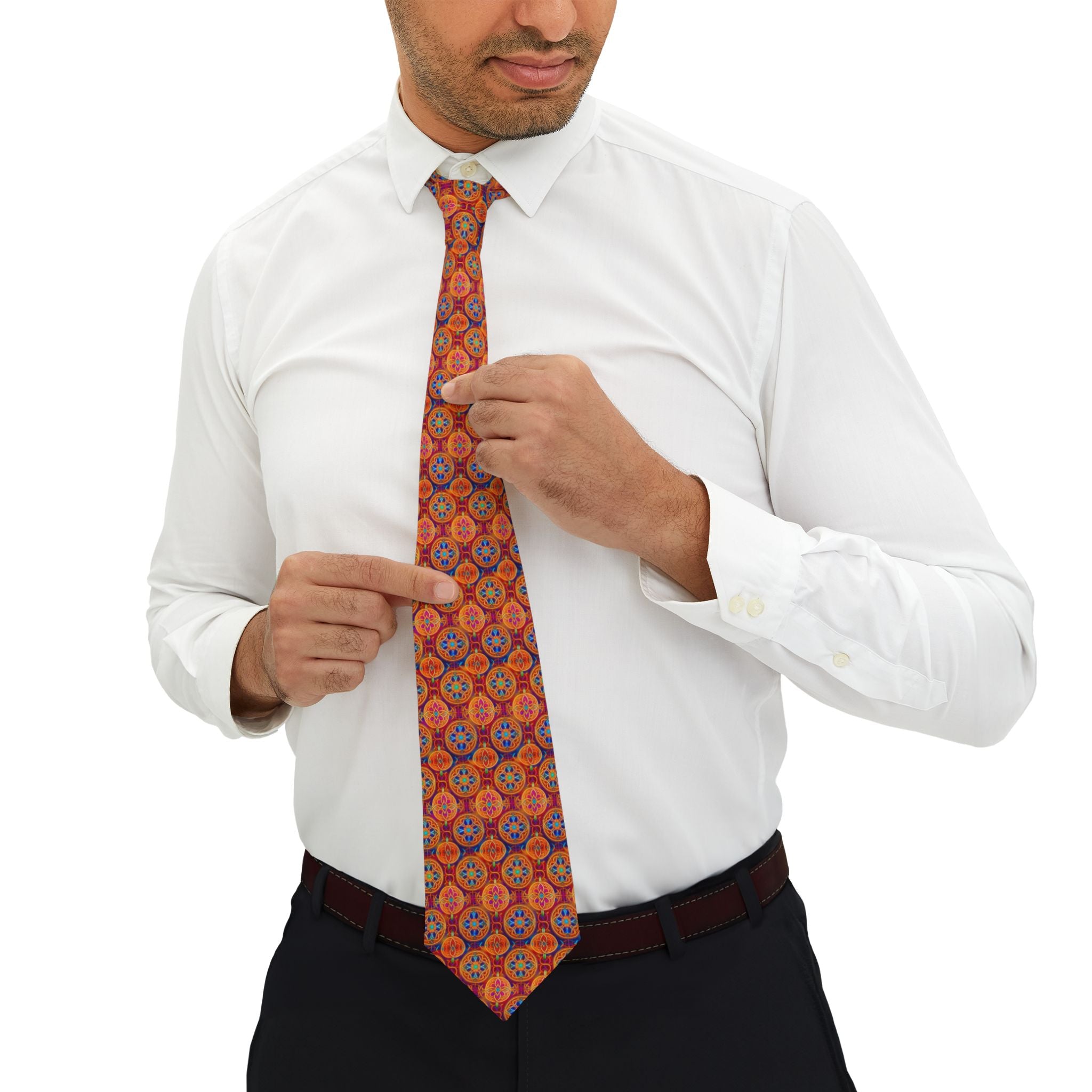 Retro Orange Geometric Necktie — Vintage Floral Medallion Pattern