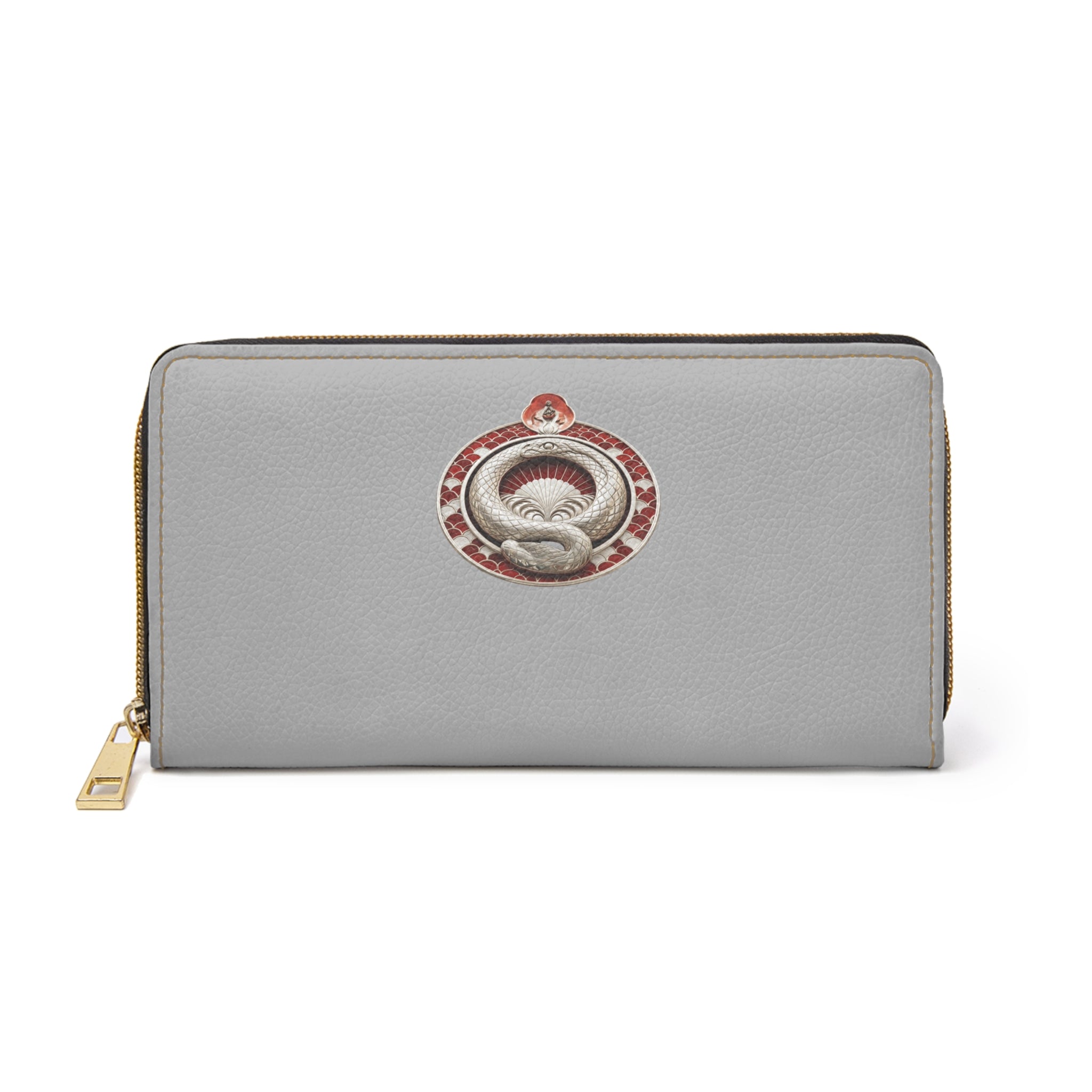 Grey Zip Wallet with Vintage Snake Emblem – Leather Zipper Wallet