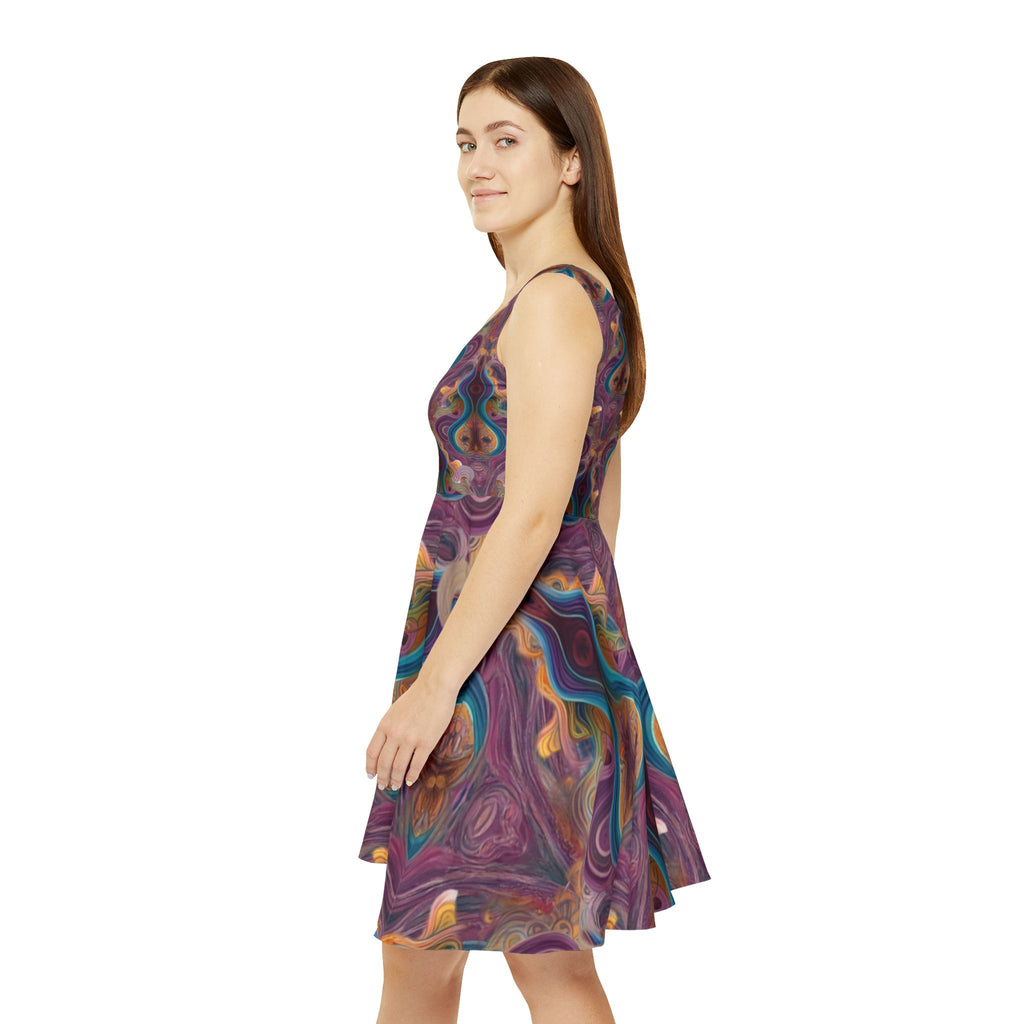Abstract Psychedelic Floral Skater Dress — Vibrant Retro Swirl Print