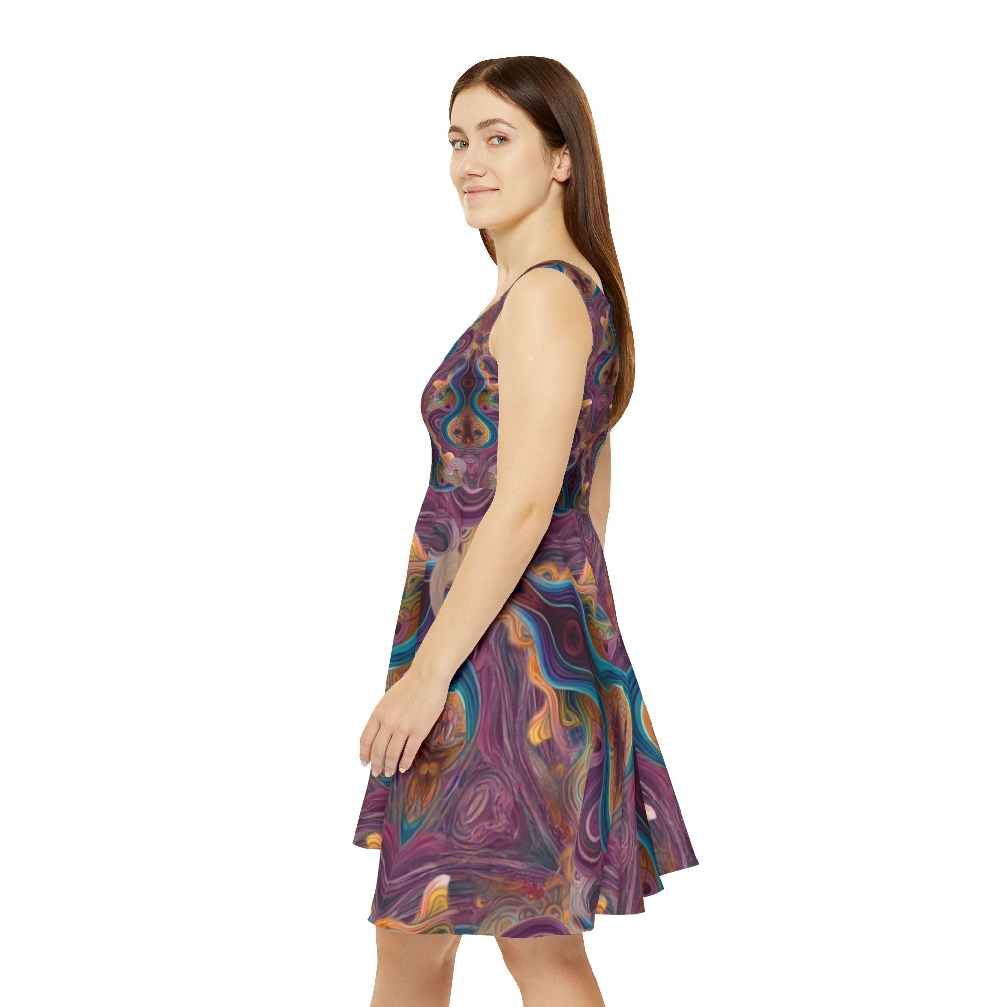 Abstract Psychedelic Floral Skater Dress — Vibrant Retro Swirl Print