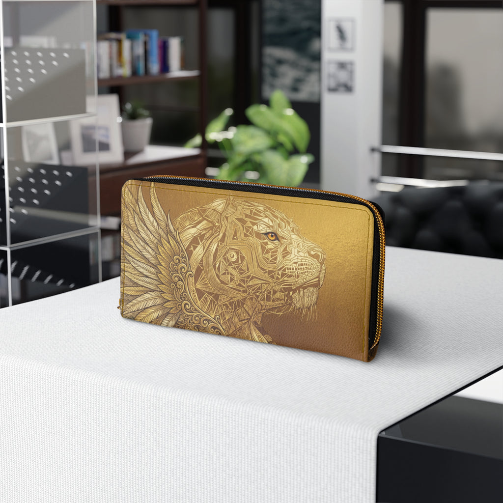 Gold Lion & Star Zipper Wallet — Ornate Metallic Animal Print Wallet